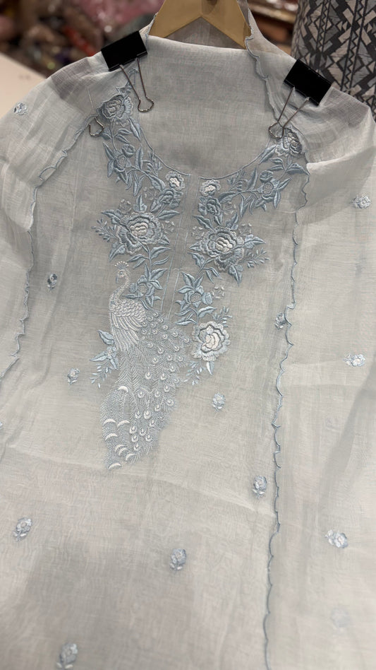 Luxury Pure Mul Mul Cotton Unstitched Suit with Tone-on-Tone Embroidery & Cutwork Scalloped Dupatta | Premium Summer Cotton Dress Material