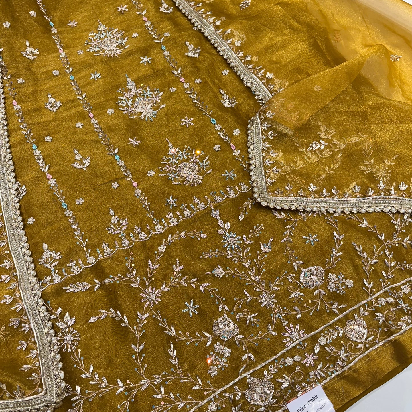 Premium Embroidered Glass Organza Suit Set with Four-Side Embellished Dupatta & Crepe Bottom