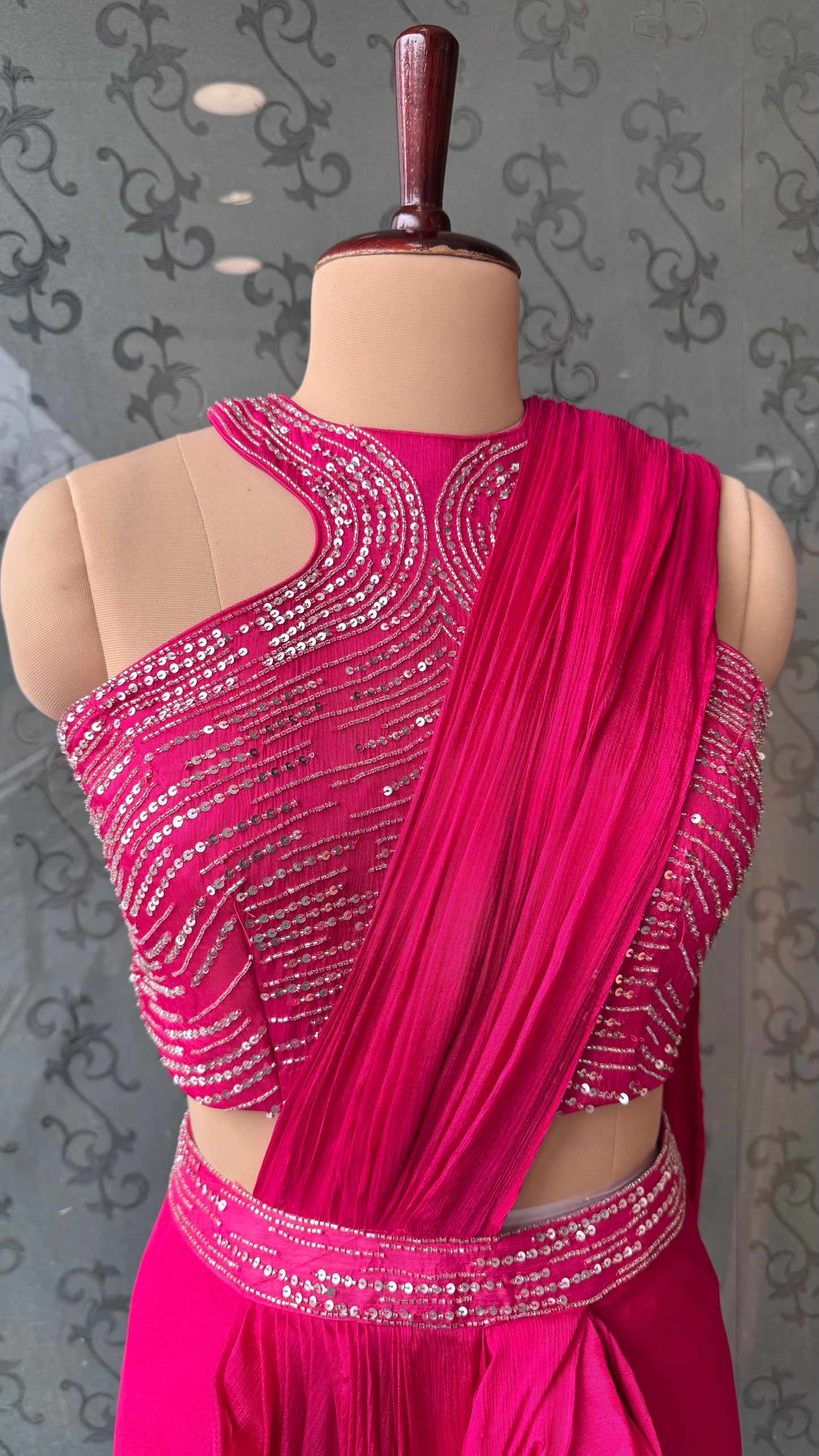 Designer Indo-Western Pre-Draped Saree in Pure Chinon Crepe with Hand-Embroidered Blouse