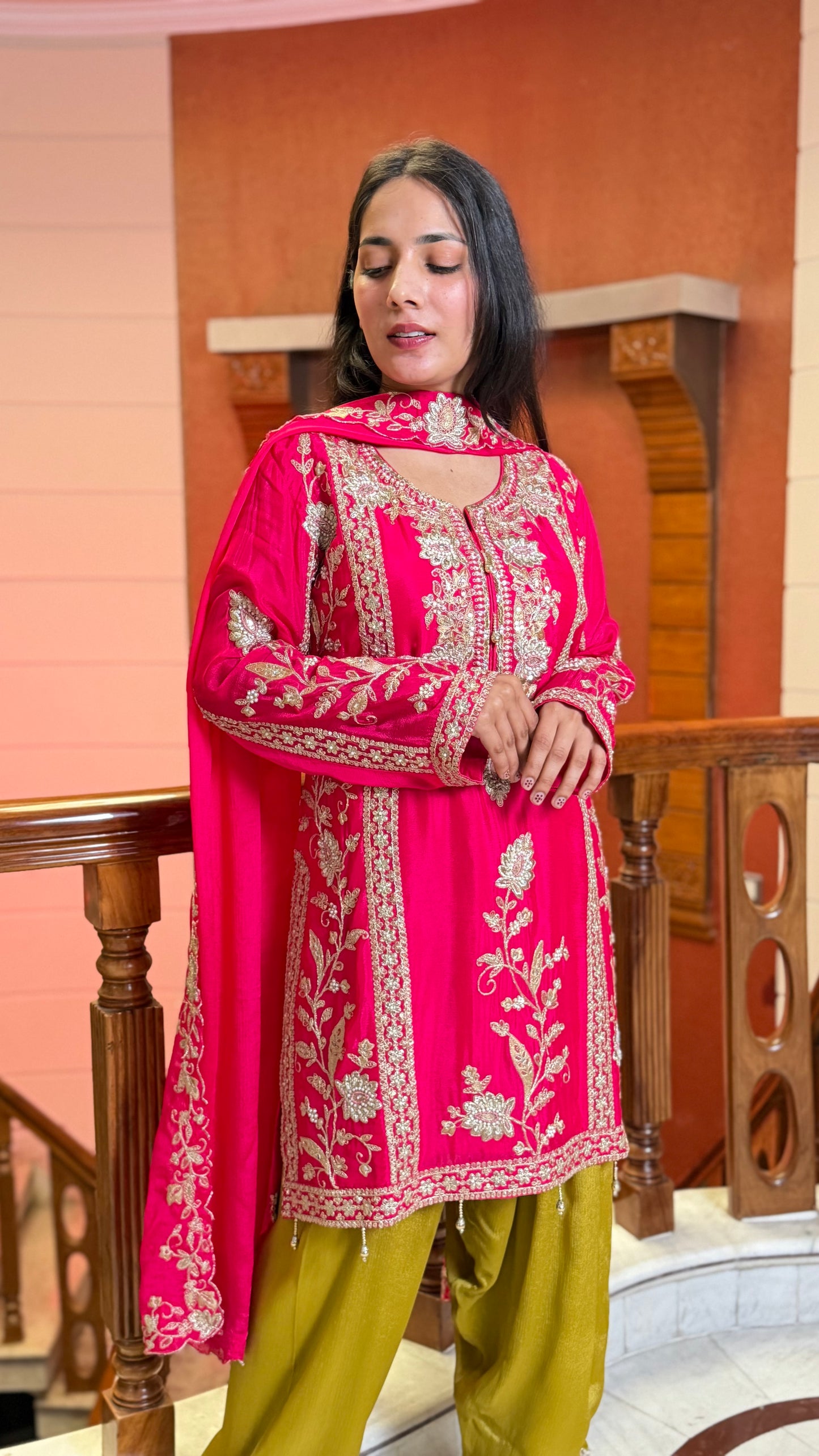 Rani Pink Pure Chinon Farshi Salwar Suit with Heavy Embroidery