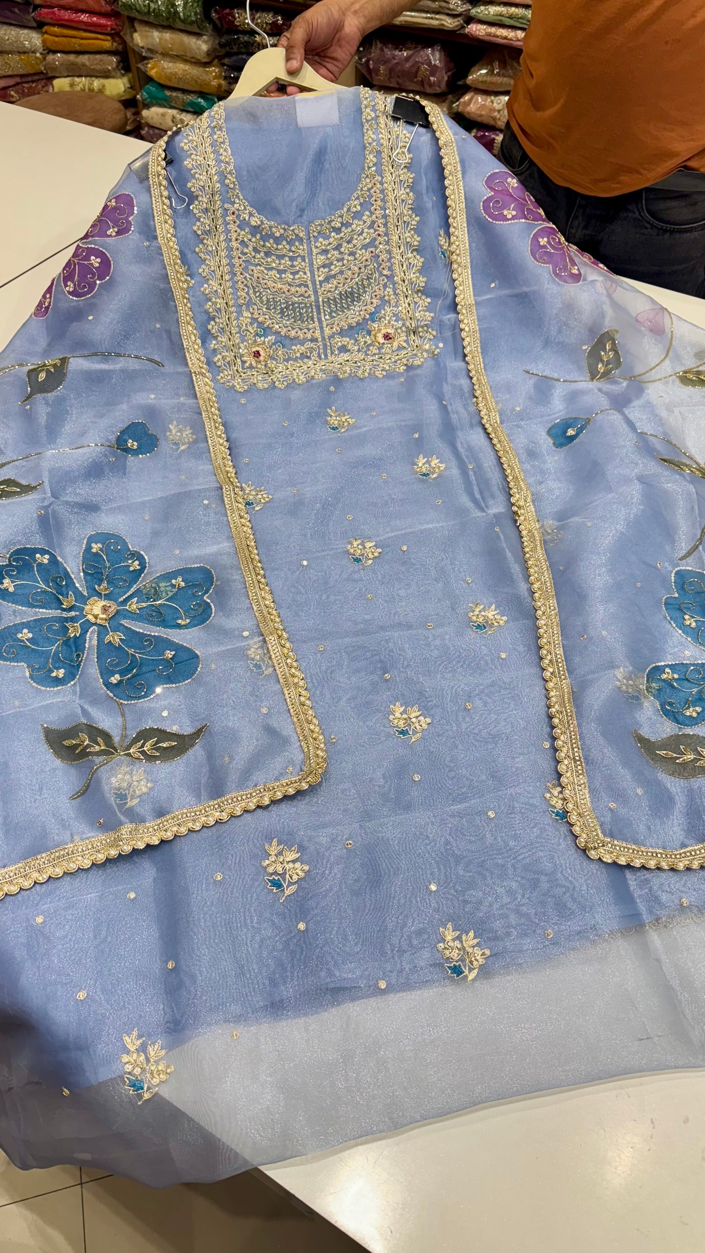 Elegant Zardozi Embroidered Unstitched Suit in Pure Glass Organza