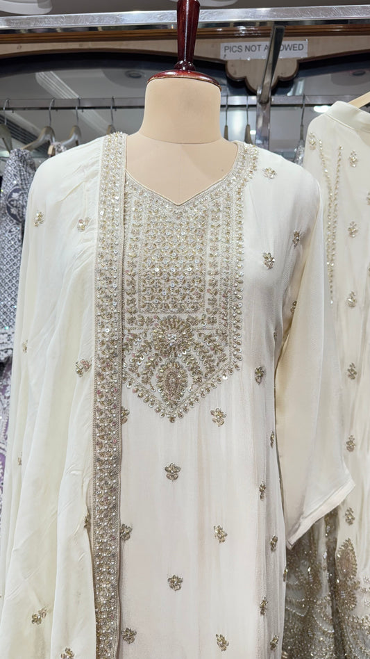 Elegant Off-White Readymade Lehenga Suit with Intricate Handwork, Mirror & Thread Embroidery