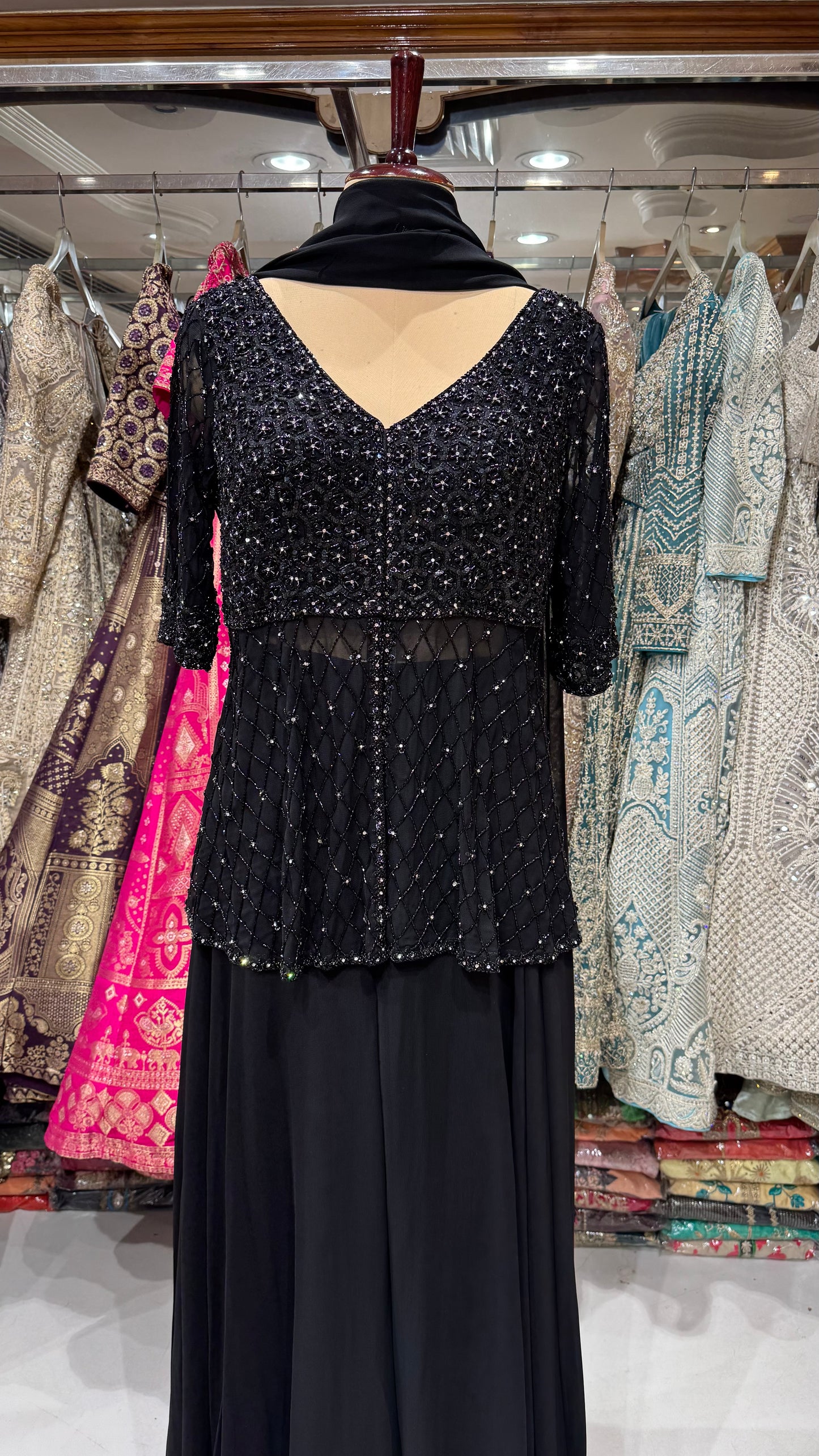 Designer Black Indo-Western Georgette Sharara Set – Hand Embroidered Front-Cut Choli with Flared Sharara