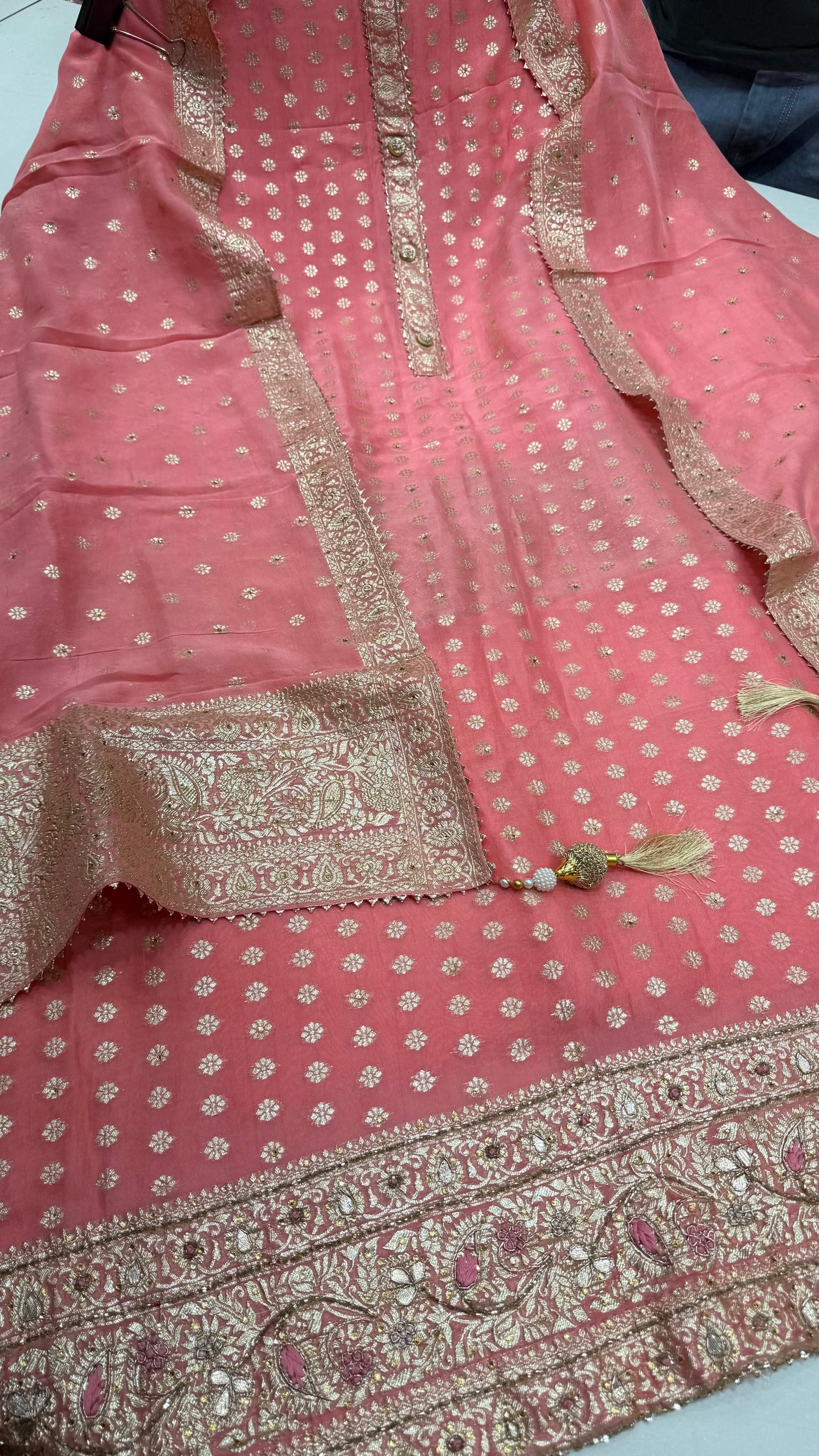 Luxury Unstitched Pure Mysore Georgette Suit with Handloom Zari Weaving & Hand Embroidery | Premium Designer Wedding & Festive Wear Dress Material
