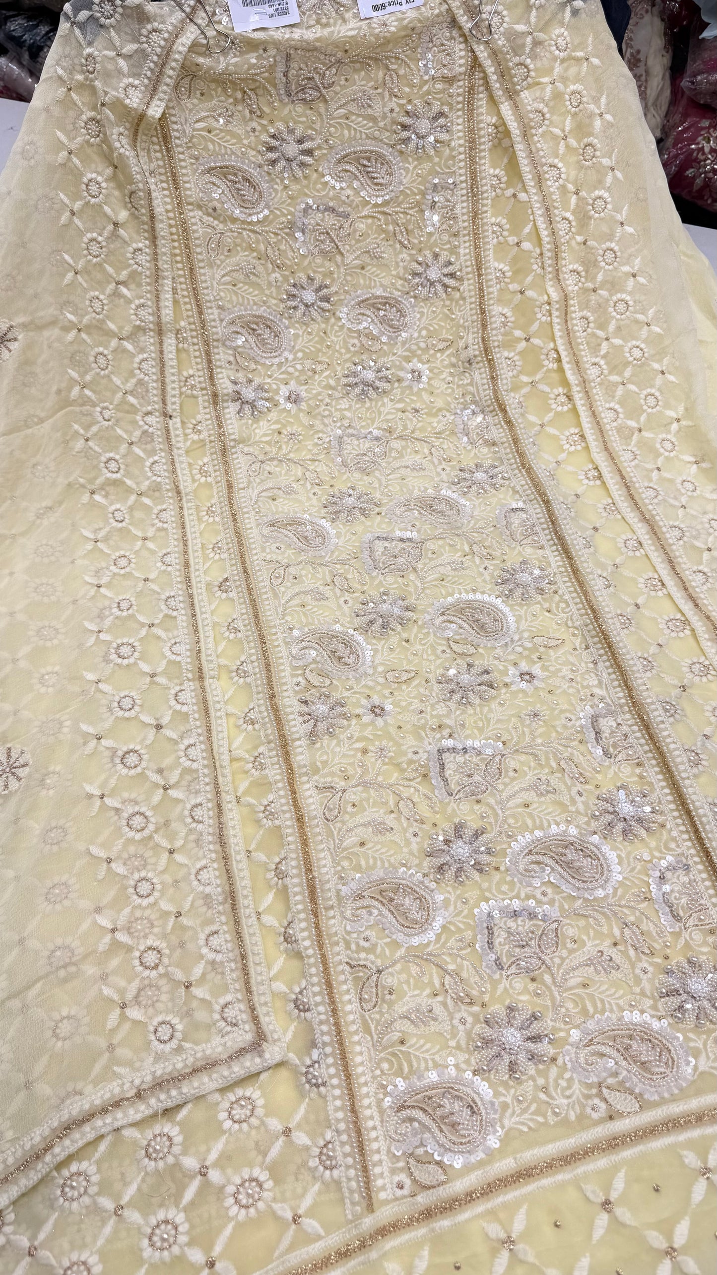 Luxury Unstitched Lakhnavi Pure Georgette Suit | Exclusive Lucknowi Thread, Pearls & Zari Handwork | Designer Georgette Dupatta with Cotton Silk Bottom | Festive Wedding Wear
