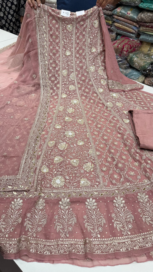 Luxury Unstitched Pure Georgette Zari Lakhnavi Anarkali Suit with Resham, Sequin & Pearl Handwork | Designer Wedding & Party Wear Suit