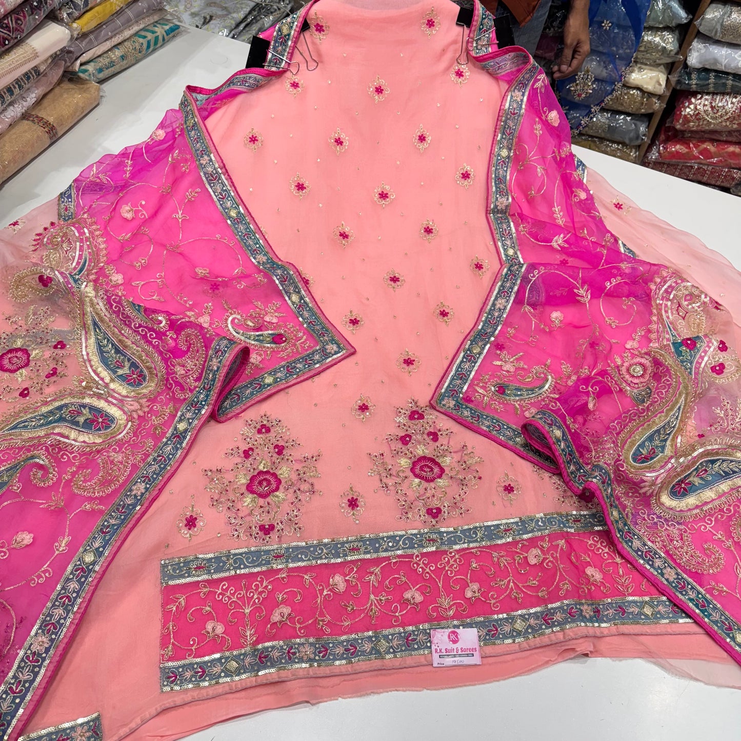 Unstitched Peach and Pink Embroidered Suit with Heavily Embellished Dupatta – Orgenza Fabric with Zari, Sequin & Thread & Zardozi work