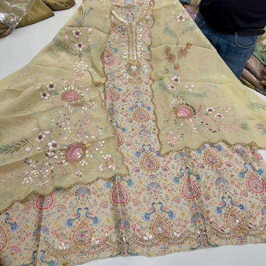 Royal Bloom Tussar Silk Suit Set – Hand Embroidered Luxury with Hand-Painted Organza Dupatta