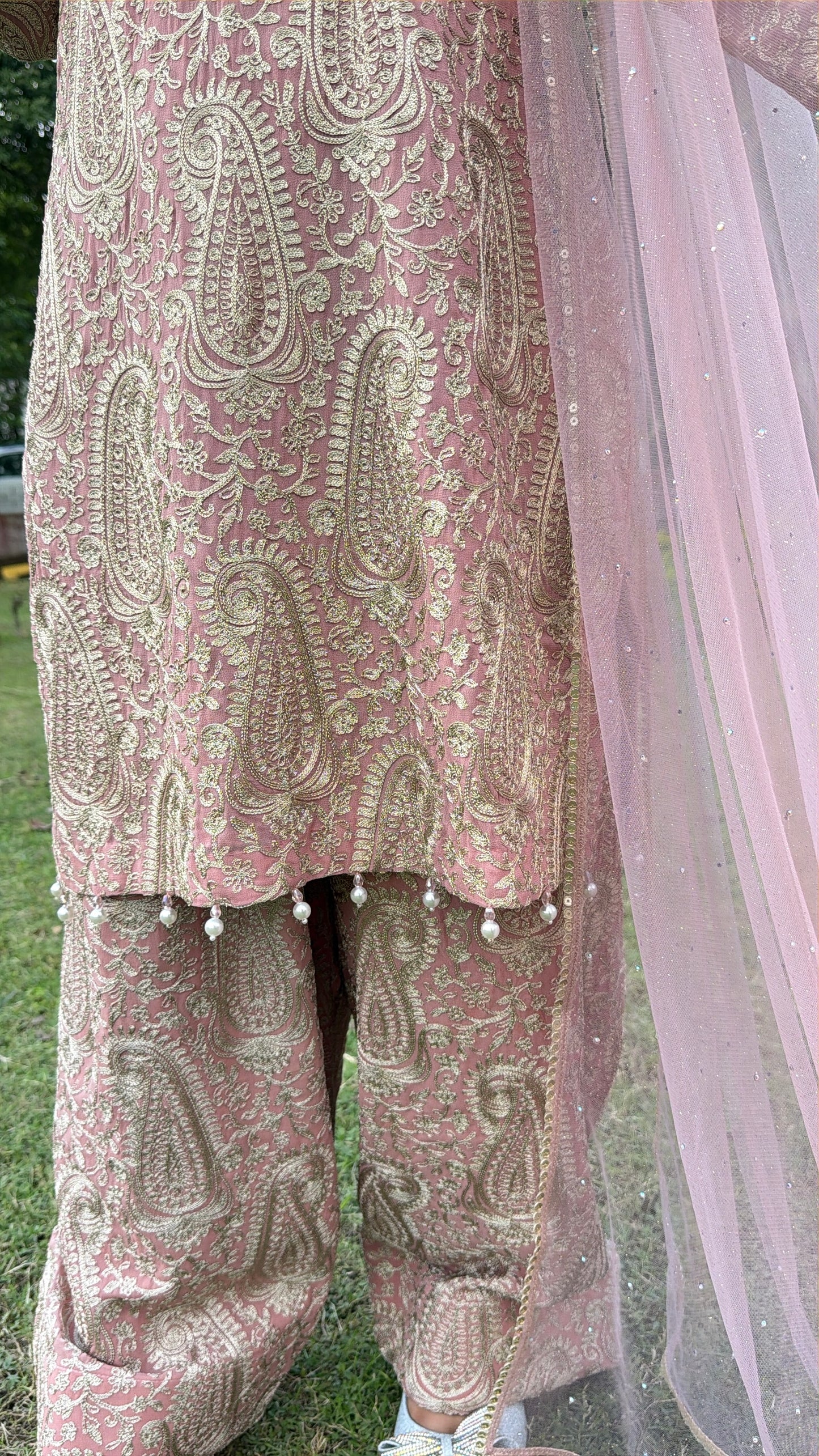 Rose Pink Designer Pure Georgette Ritu Kumar Inspired Suit with Farshi Salwar