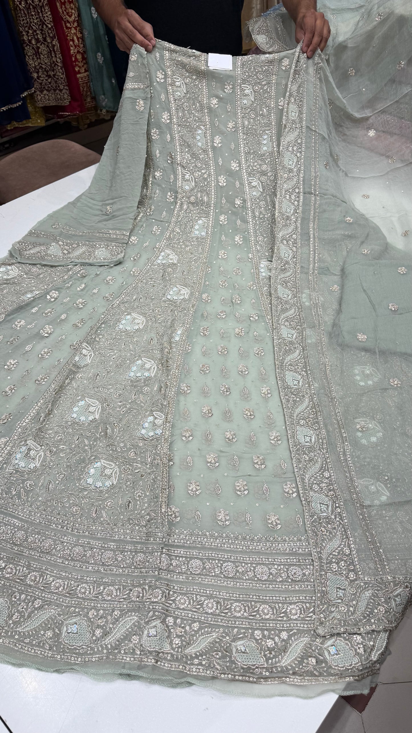 Luxury Unstitched Pure Georgette Zari Lakhnavi Anarkali Suit with Resham, Sequin & Pearl Handwork | Designer Wedding & Party Wear Suit