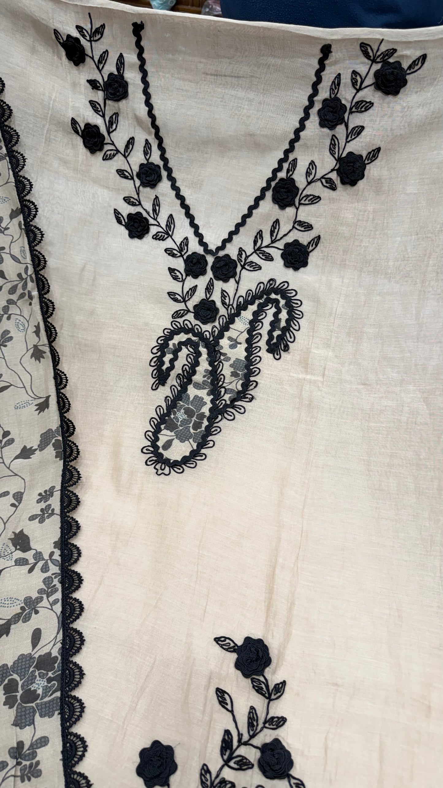 Premium Unstitched Pure Mul Cotton Embroidered Suit with Designer Printed Dupatta | Black Thread & Dori Work | Luxury Summer Cotton Suit