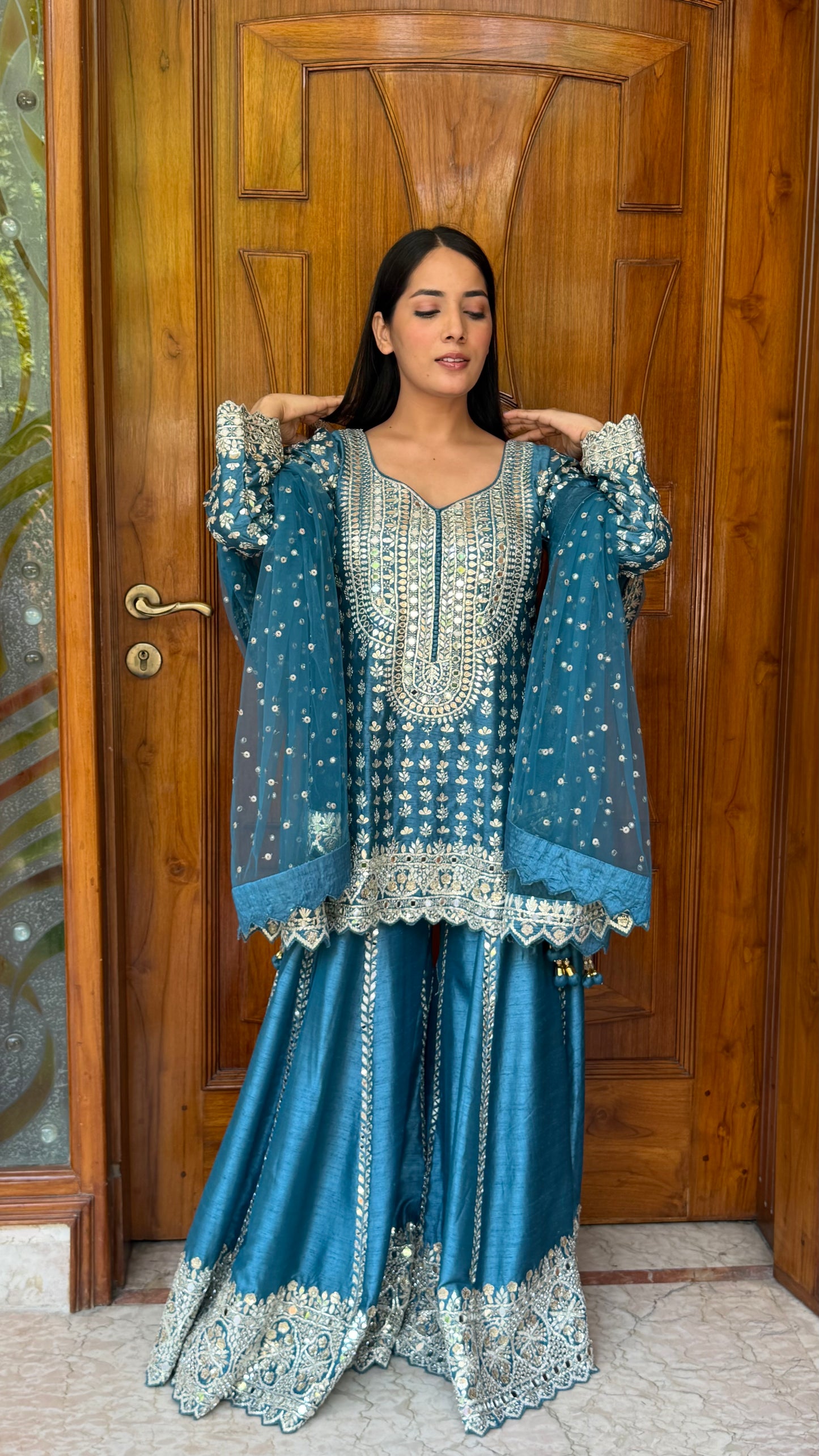 Azure Blue Raw Silk Readymade Sharara Suit with Hand Embroidered Gotta Patti Work