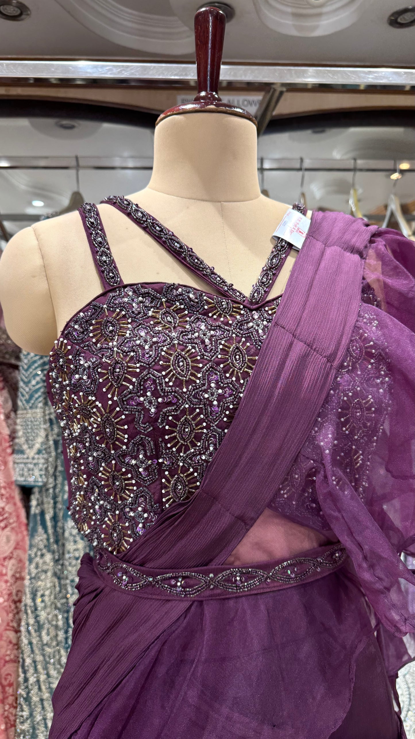 Plum Zardozi Hand Embroidered Indo-Western Sharara Saree – Readymade Free Size (Up to 42” Bust)