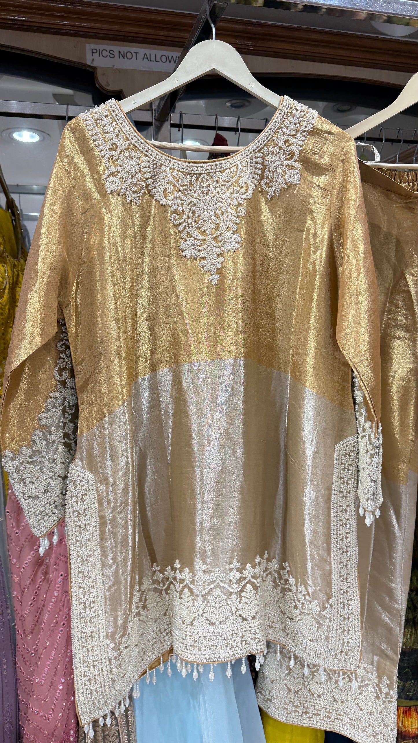 Raw Tissue silk pearls work readymade pants suit