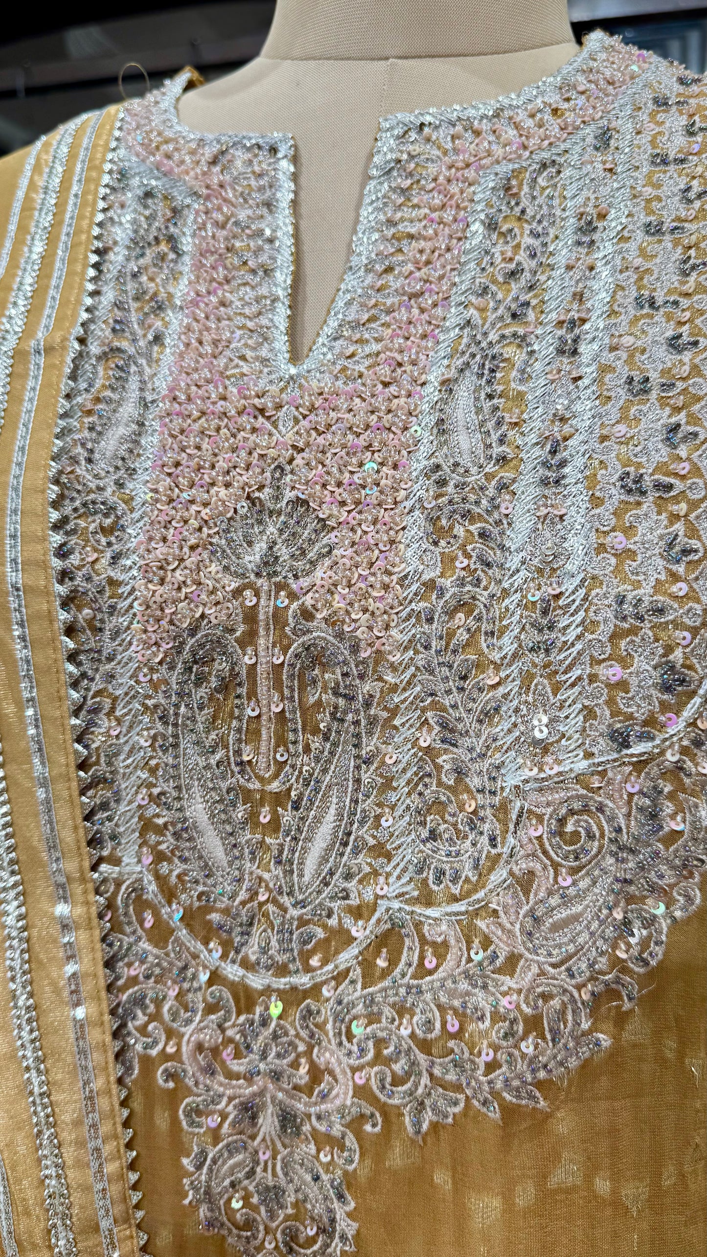 Embroidered Tissue Silk Pant Suit with Pearl Detailing – Available in Mustard & Rust