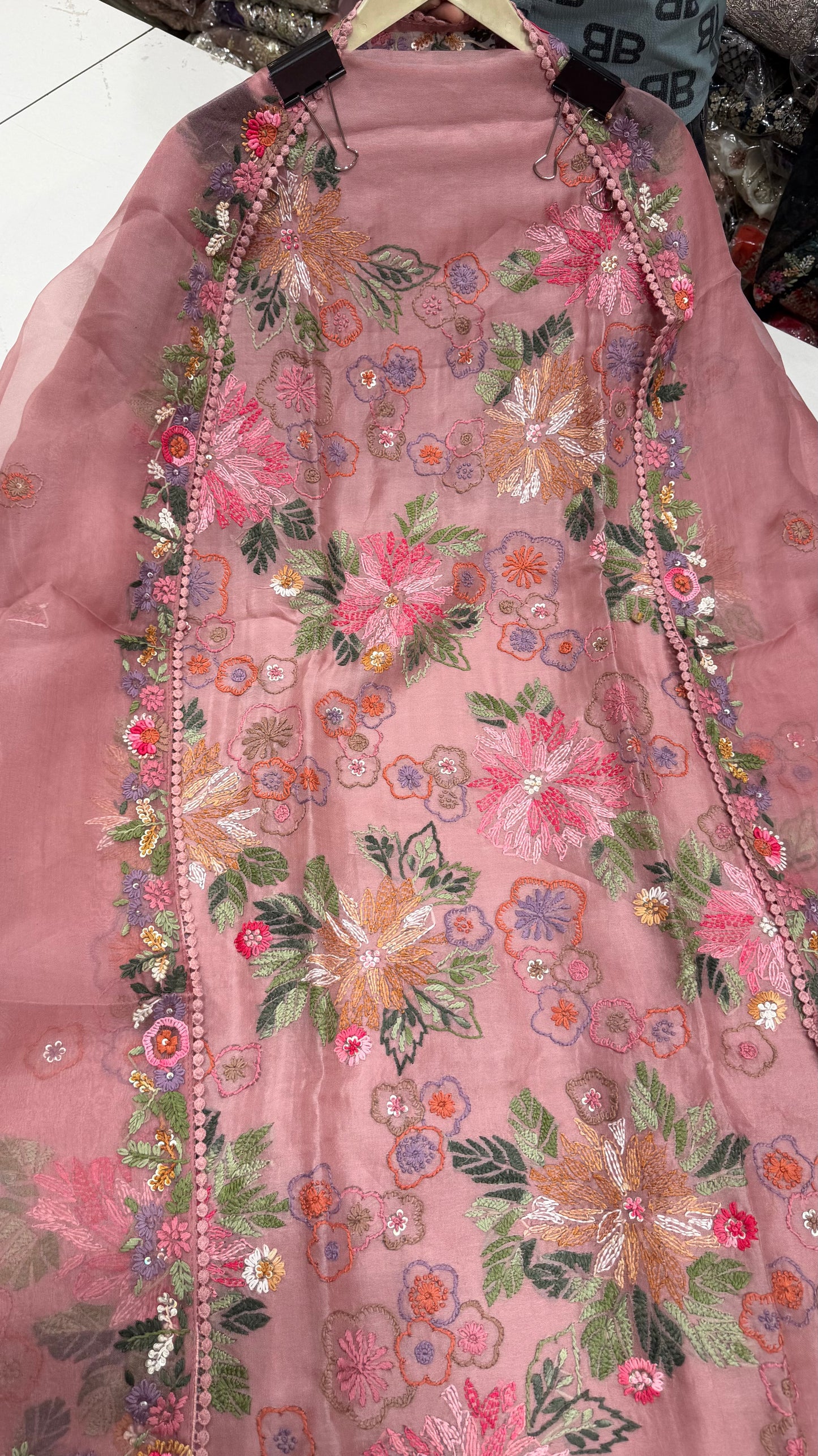 Luxury Designer Organza Kantha Embroidered Unstitched Suit with Dupatta & Crepe Bottom