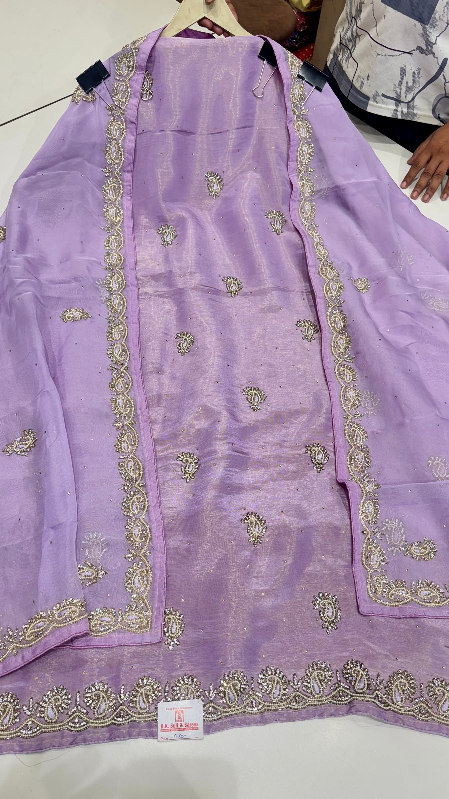 Elegant Hand-Embroidered Pure Tissue Suit with Pearl & Zarkan Detailing