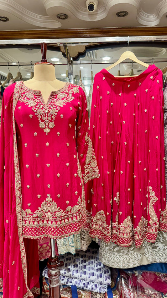 Royal Fuchsia Pink Pure Chinon Zardozi Hand Embroidered Sharara Suit – Readymade (Free Size up to 44” Bust)