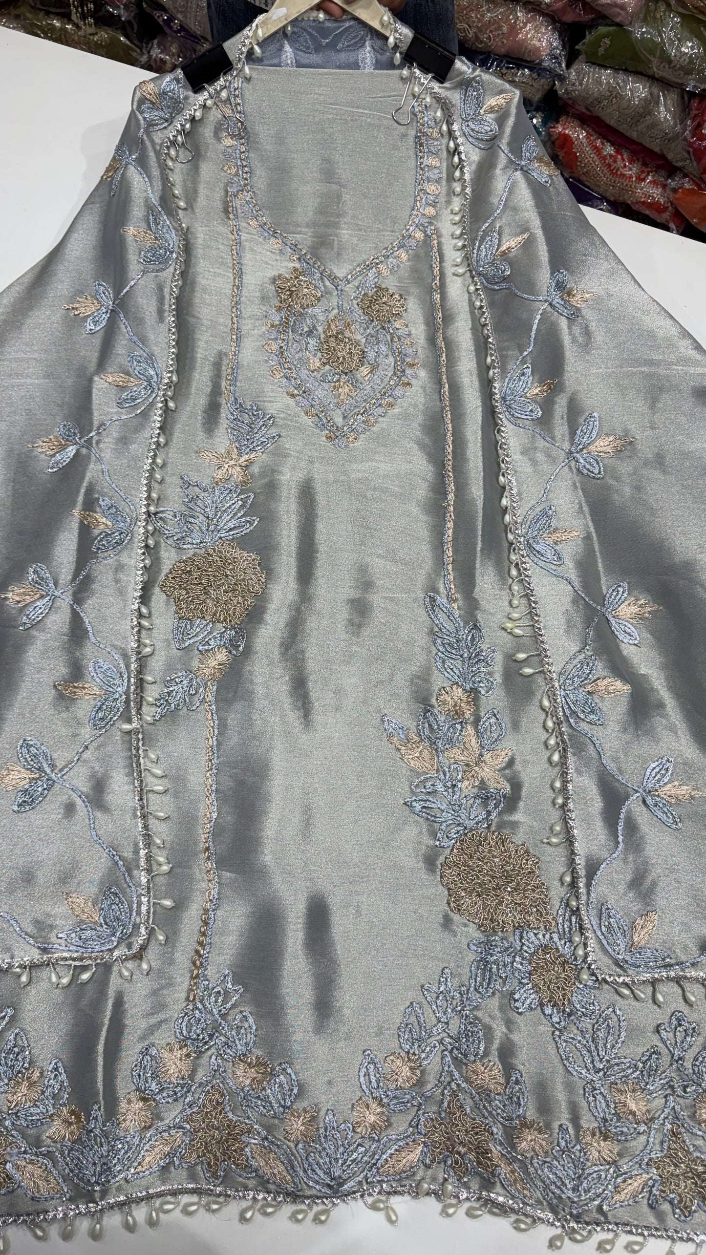 Luxury Shimmer Jiraf Silk Handworked Unstitched Suit Set