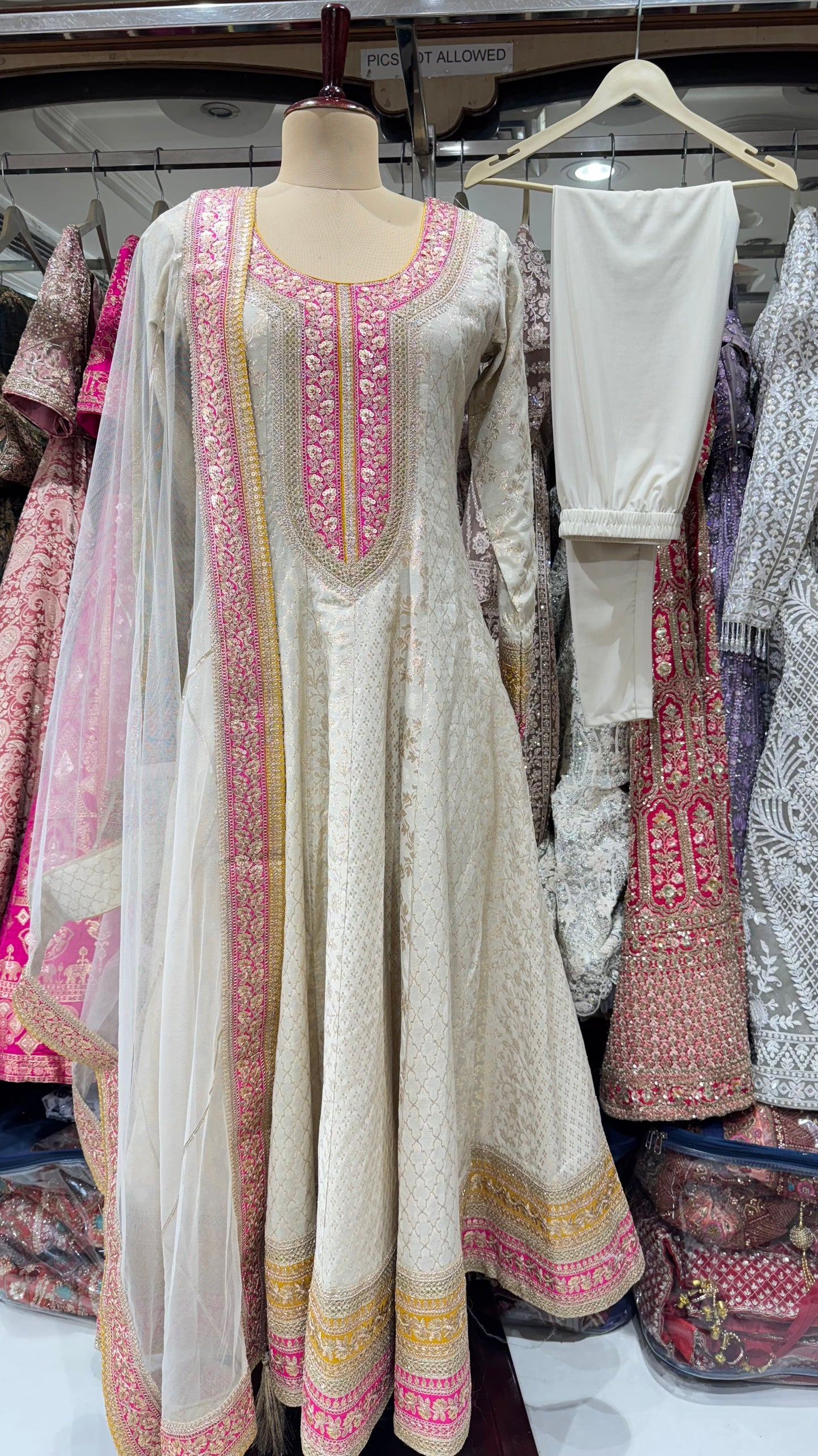 Elegant Pure Mysore Tissue Zari & Sequin Embroidered Readymade Anarkali Suit – Free Size (Up to 42” Bust)