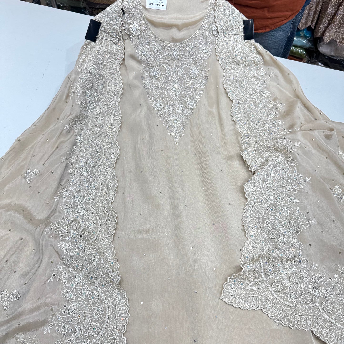 Hand Embroidered Straight Suit on Chinon Crepe with Four-Side Border Dupatta – Available in Mustard, Gold, Mauve & Sky Blue | Includes 2.5m Silk Bottom Fabric