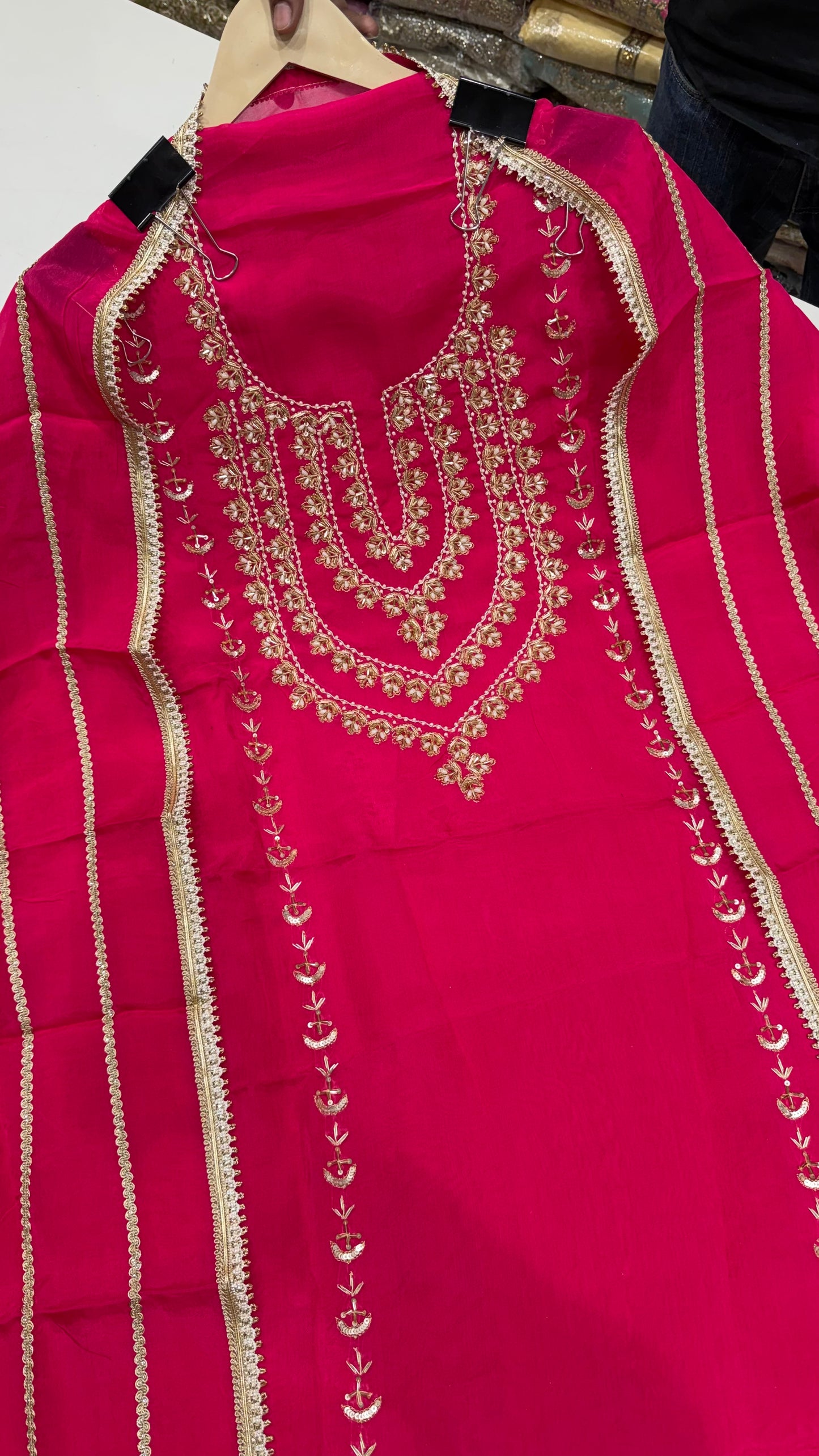 Elegant Pure Opada Silk Unstitched Suit with Zardozi Handwork & Organza Dupatta