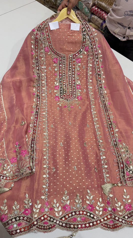 Designer Pure Shimmer Tissue Hand Embroidered Unstitched Suit