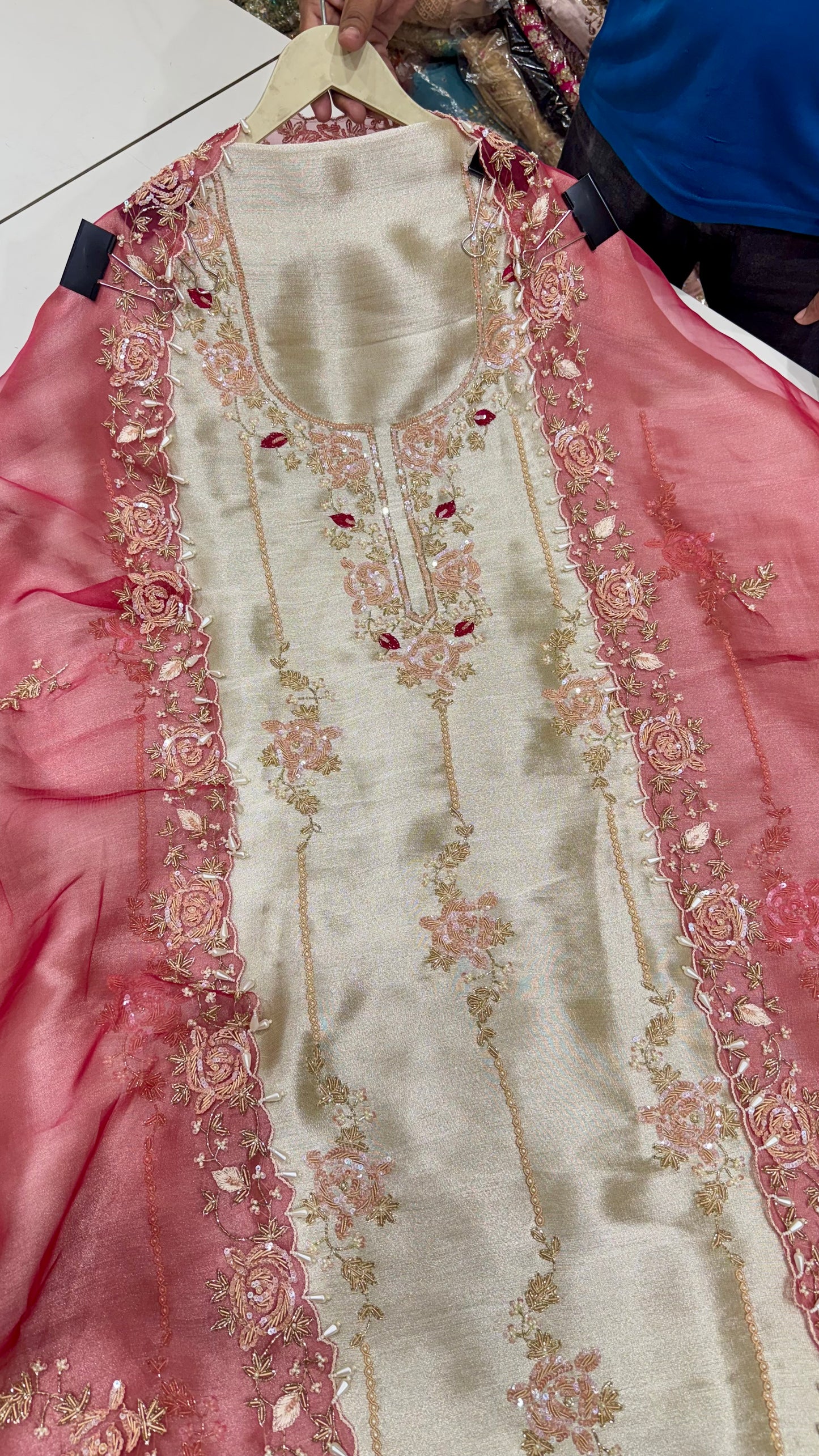 Luxury Hand-Embroidered Unstitched Shimmer Tissue Suit with Organza Dupatta