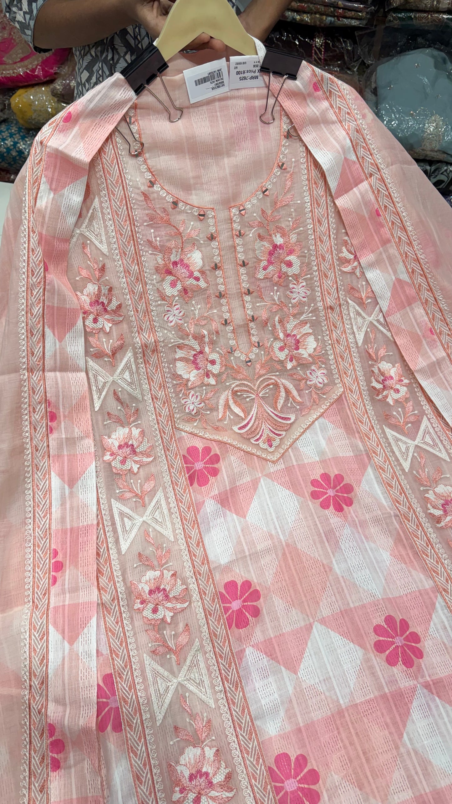 Luxury Pure South Cotton Unstitched Suit with Thread & Mirror Embroidery | Designer Cotton Dress Material with Mul Mul Dupatta