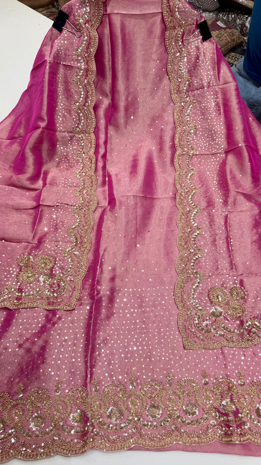 Luxury Unstitched Pure Tissue Hand Embroidered Suit with Heavy Dupatta | Premium Designer Wedding, Party & Festive Wear Dress Material
