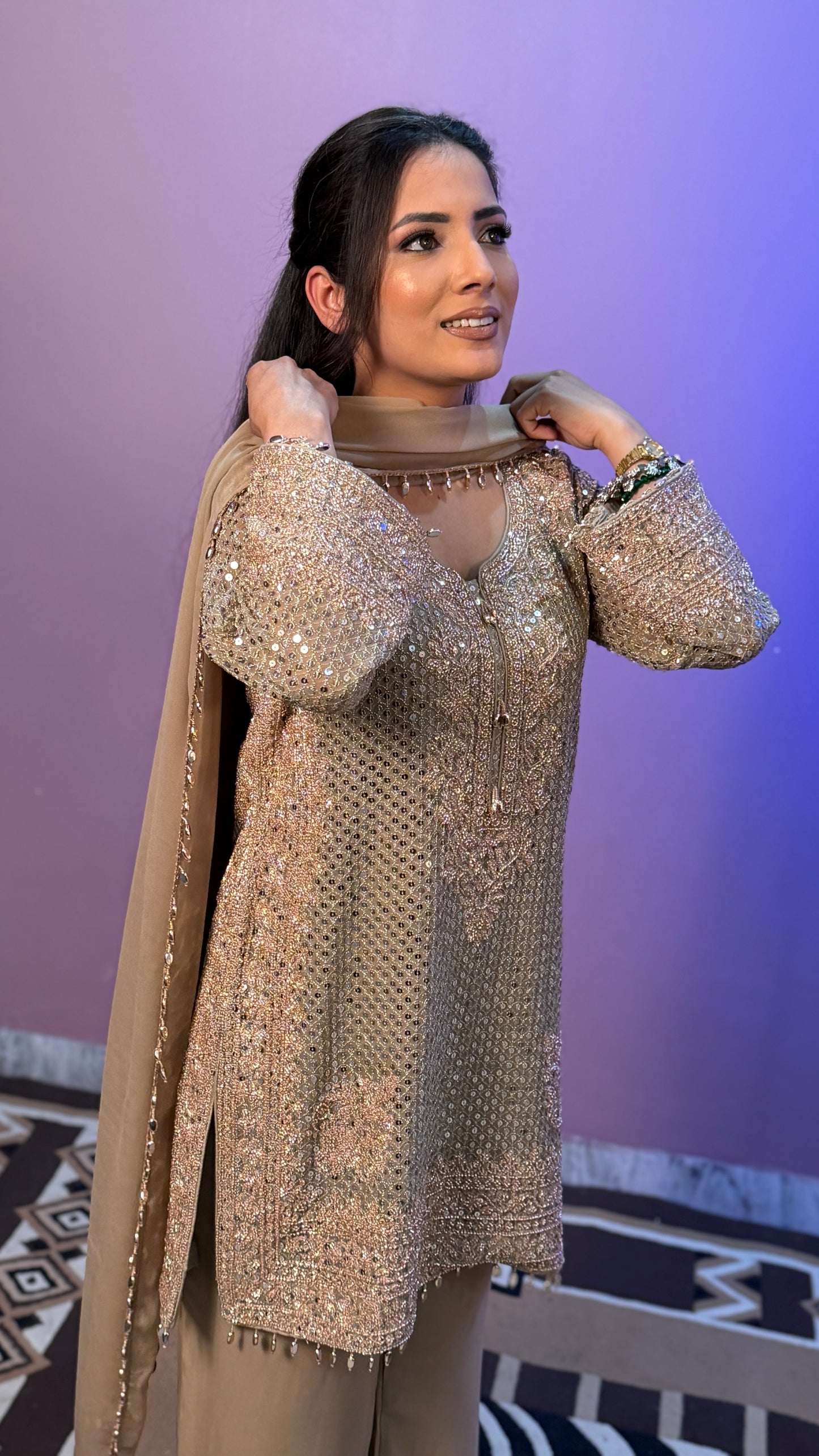 Champagne Gold Pure Georgette Designer Pants Suit with Latkan Dupatta