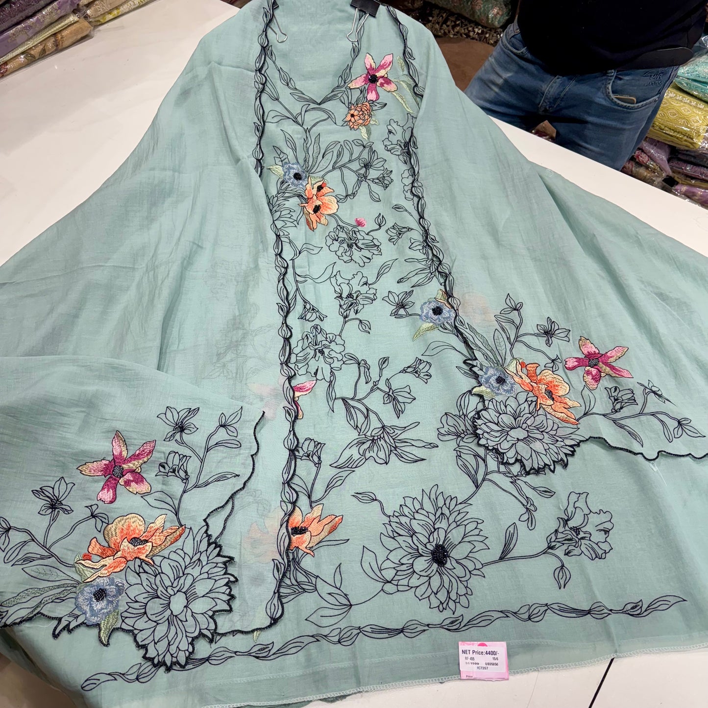 Unstitched Pure Mulmul Kalamkari Suit with Bead Embroidery & Cutwork Dupatta