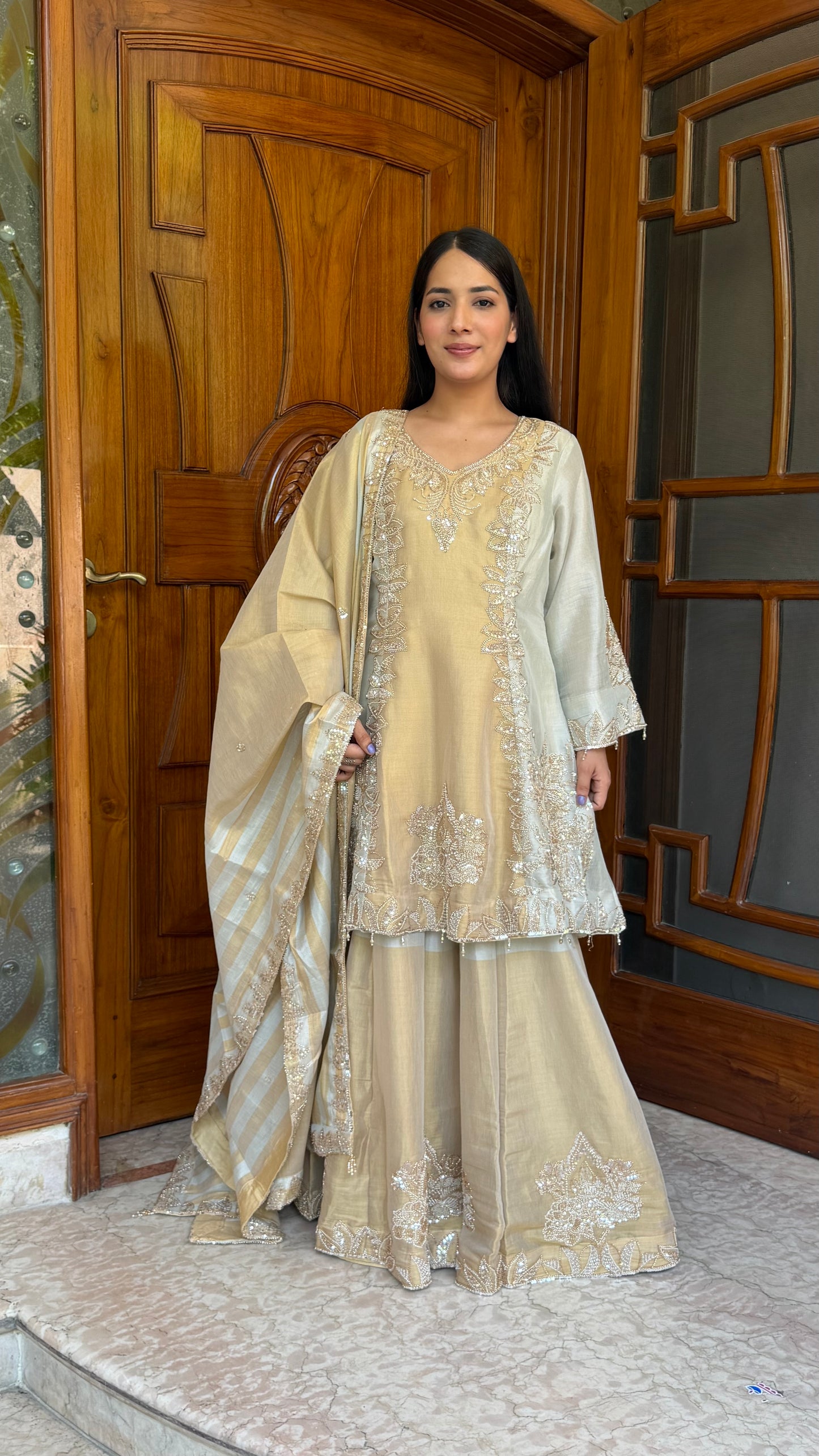 Luxury Pure Tissue Choga Style Sharara Suit with Hand Embroidery | Designer Readymade Party Wear Sharara Set