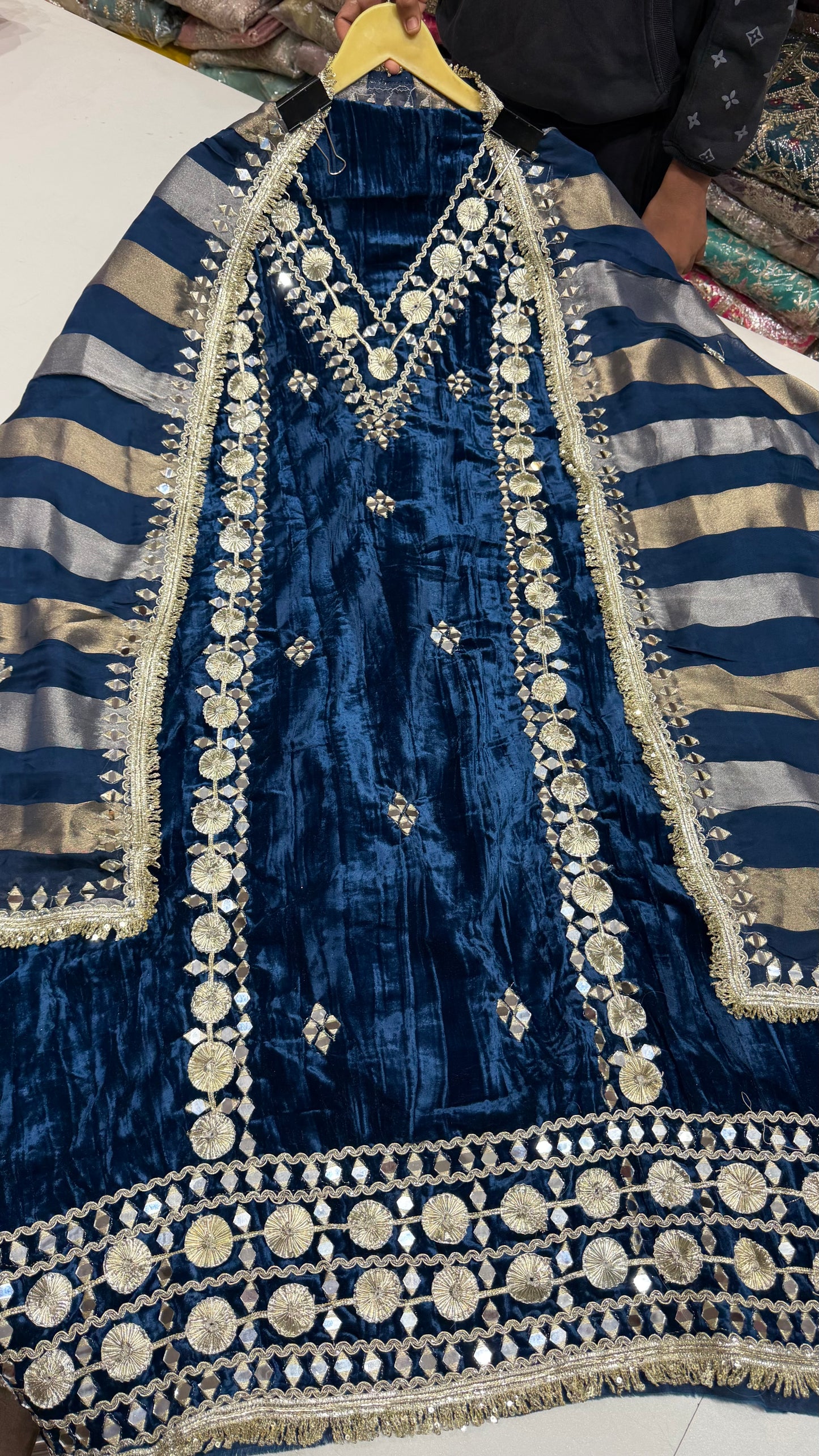 Premium Pure Velvet Unstitched Suit with Gotta Patti & Mirror Work + Tissue Dupatta