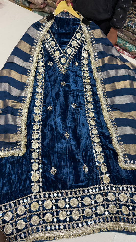 Premium Pure Velvet Unstitched Suit with Gotta Patti & Mirror Work + Tissue Dupatta