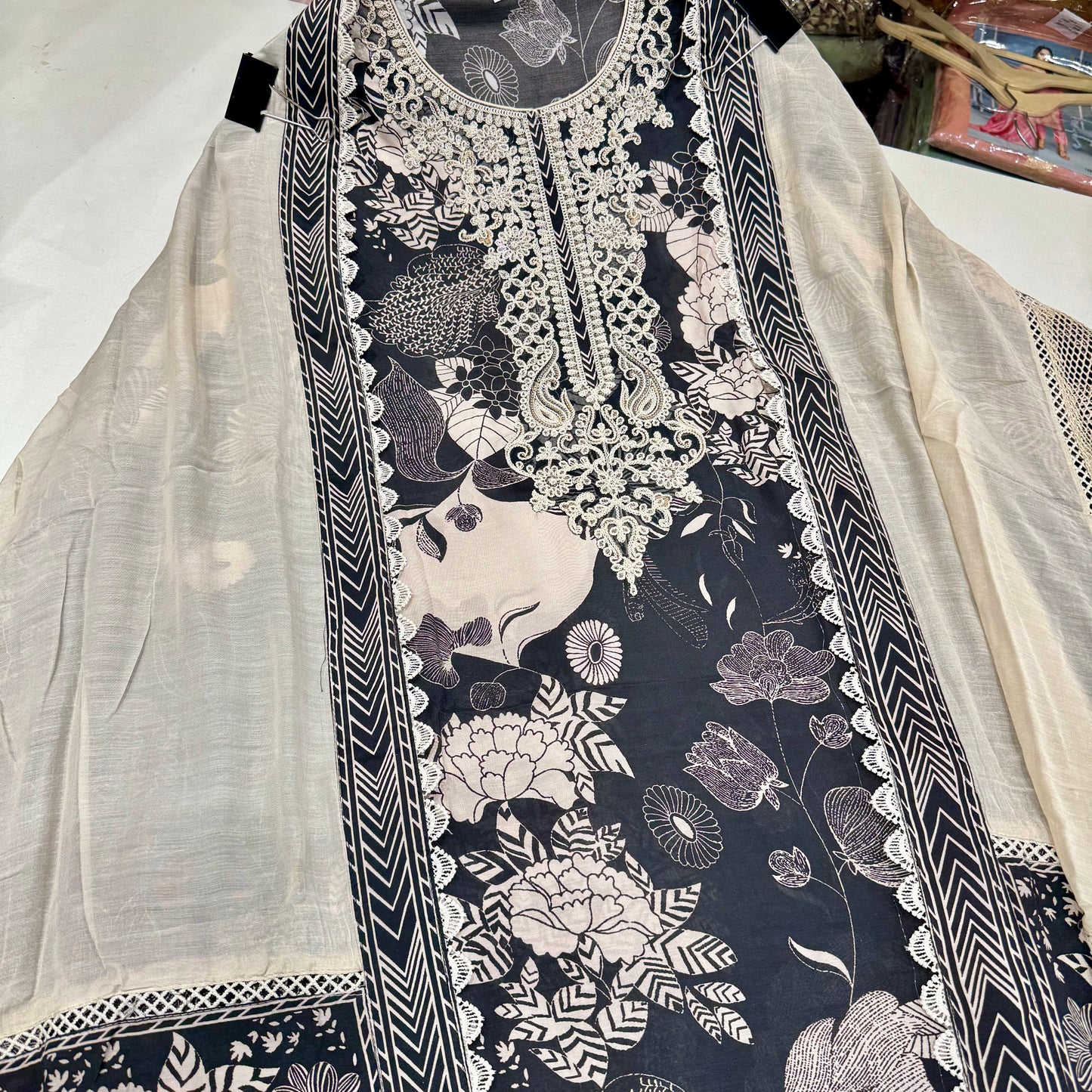 Luxury Muslin Printed Suit with Dori & Sequin Neckline and Designer Patchwork Dupatta