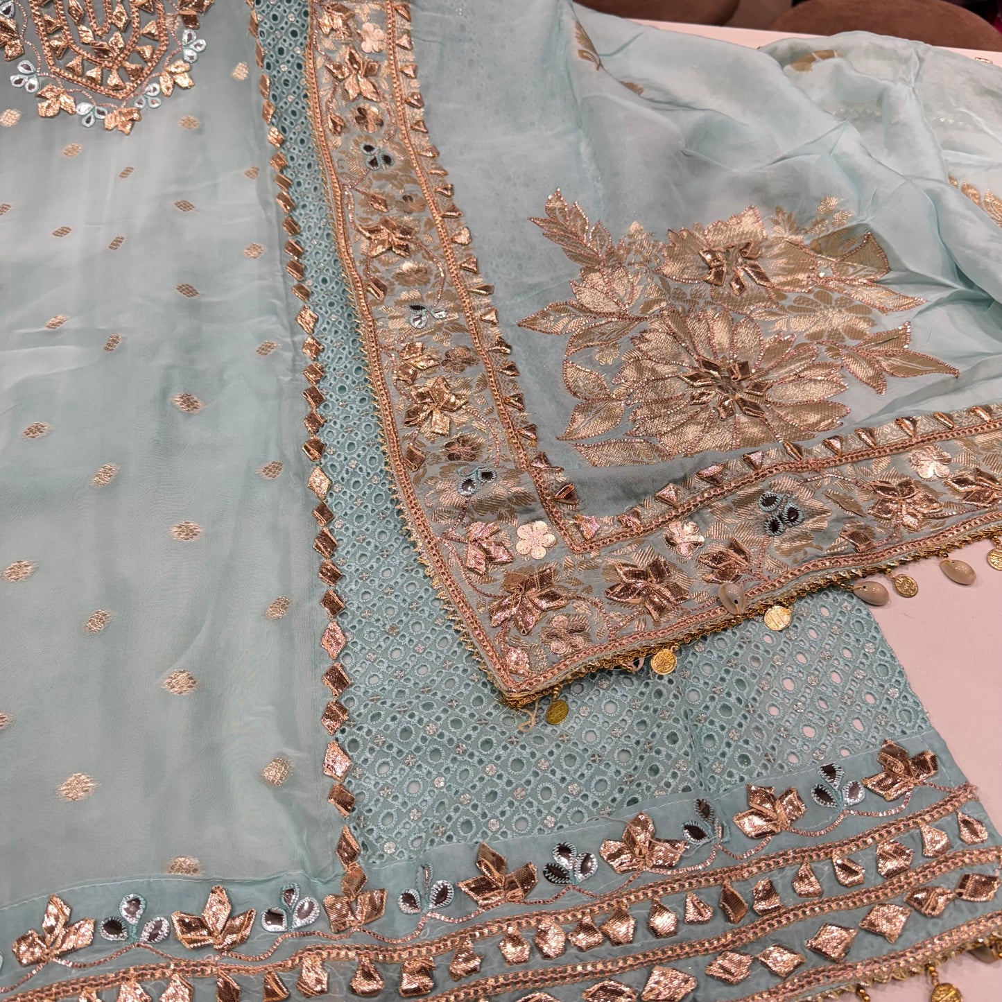 Designer Gotta patti Orgenza Suit set with heavy dupatta