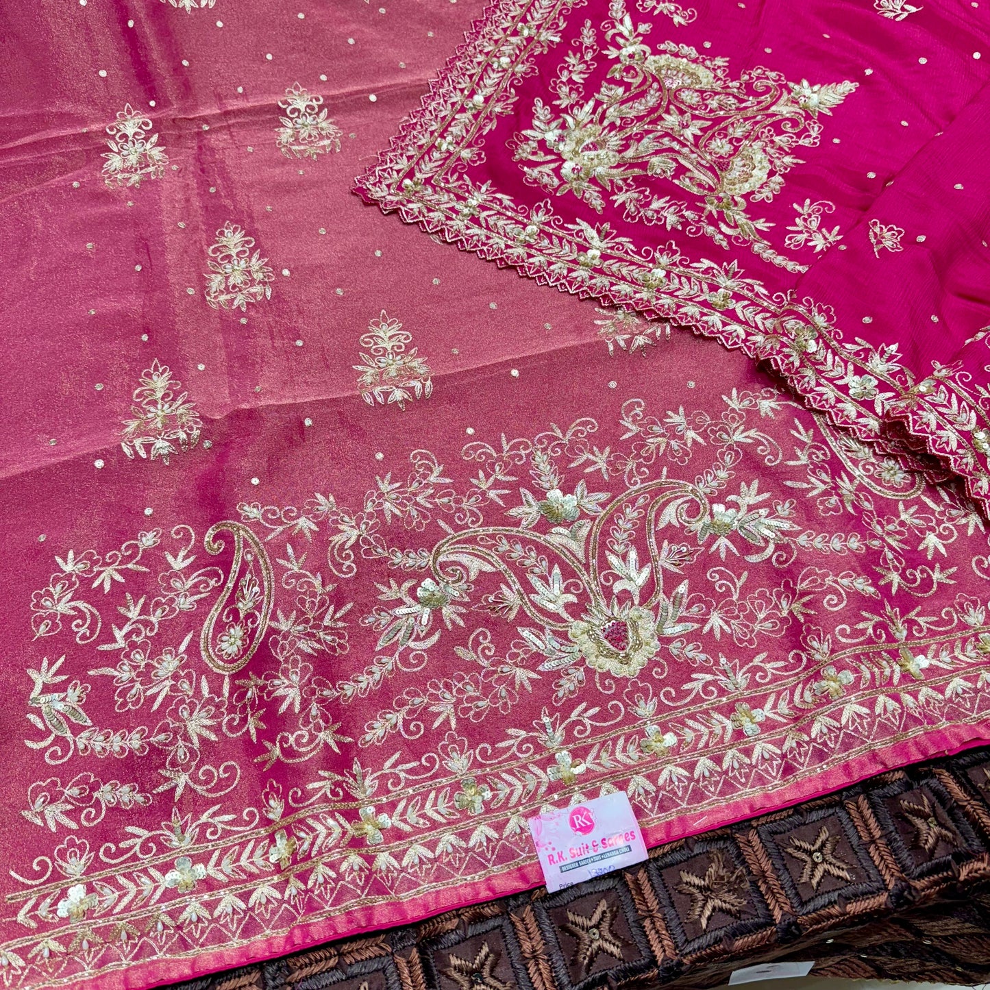 Mazenta Pink Shimmer handwork fourside border dupatta suit set