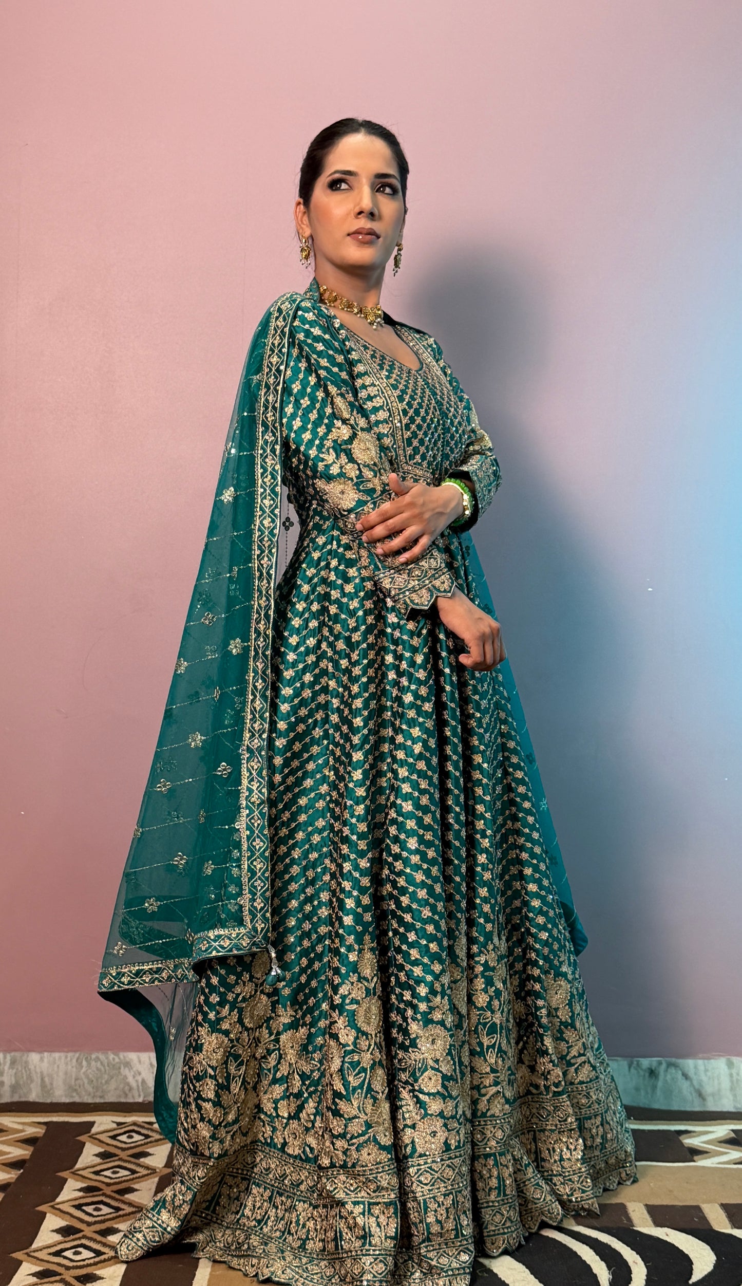 Emerald Royal Pure Silk Floor Length Anarkali Suit with Embroidered Net Dupatta