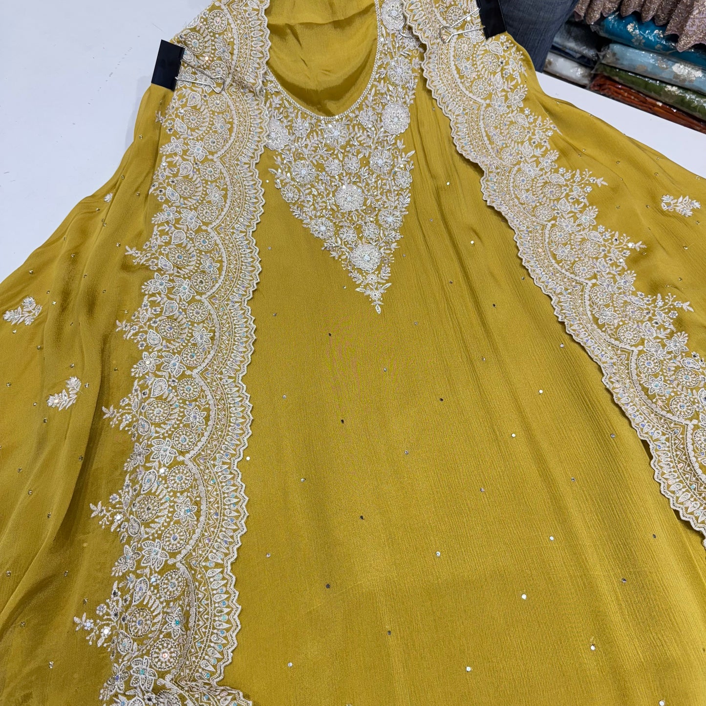 Hand Embroidered Straight Suit on Chinon Crepe with Four-Side Border Dupatta – Available in Mustard, Gold, Mauve & Sky Blue | Includes 2.5m Silk Bottom Fabric