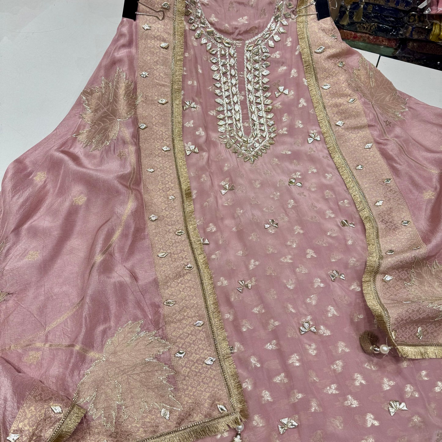 Elegant Banarsi Crepe Straight Unstitched Suit with Banarasi Dupatta & Gota Patti Work