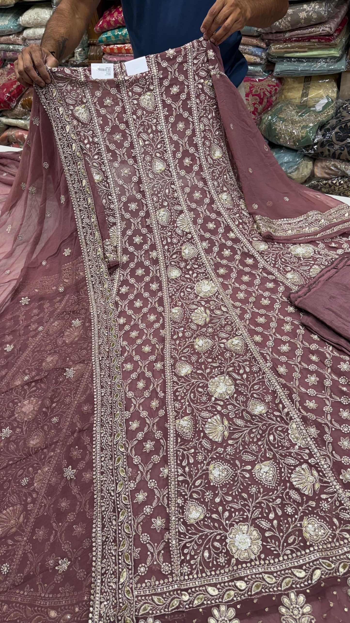 Luxury Unstitched Pure Georgette Zari Lakhnavi Anarkali Suit with Resham, Sequin & Pearl Handwork | Designer Wedding & Party Wear Suit