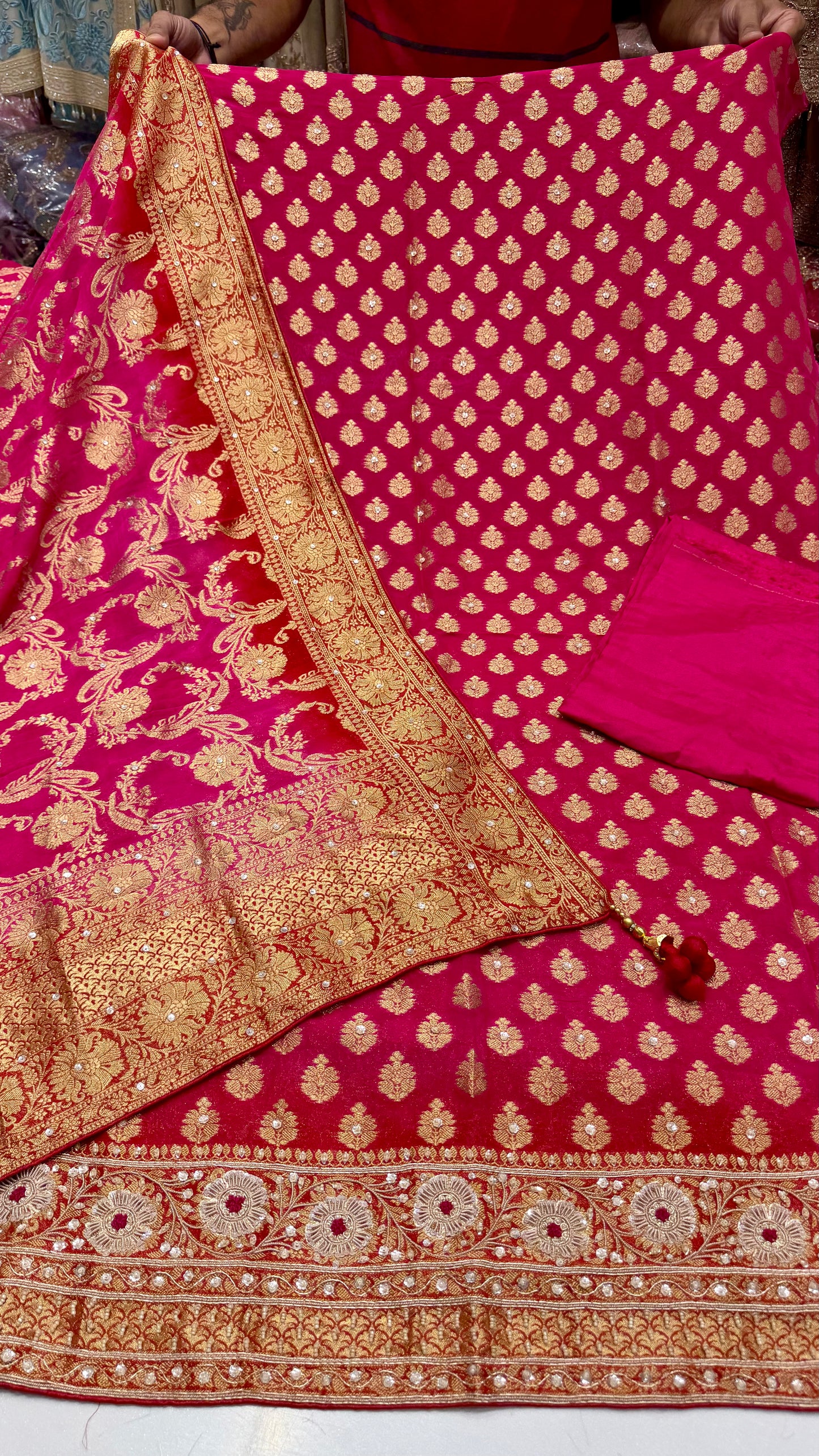 Premium Unstitched Pure Mysore Georgette Embroidered Suit with Designer Mysore Dupatta | Nakshi & Zardozi Handwork | Luxury Wedding Wear