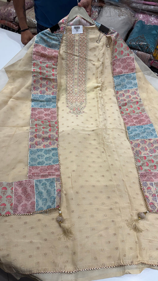 Banarsi silk handwork neckline orgenza dupatta suit set