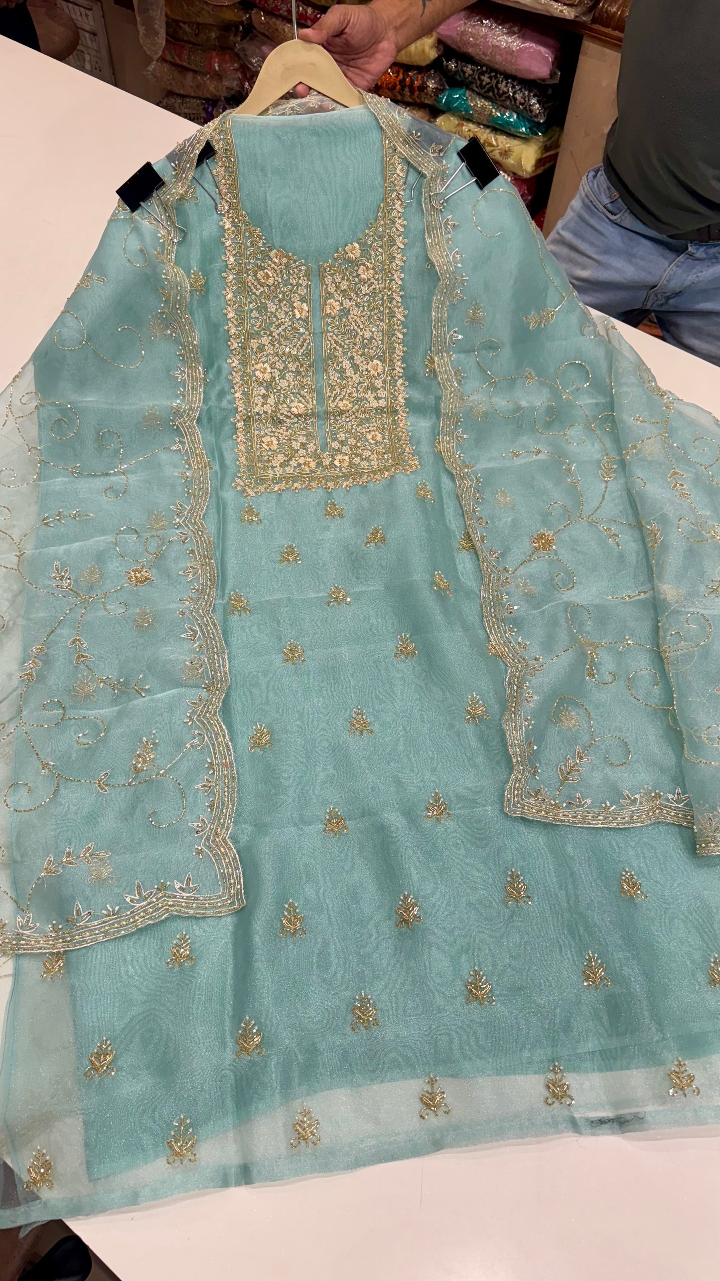 Glass Organza Unstitched Suit with Heavy Zardozi Hand Embroidery