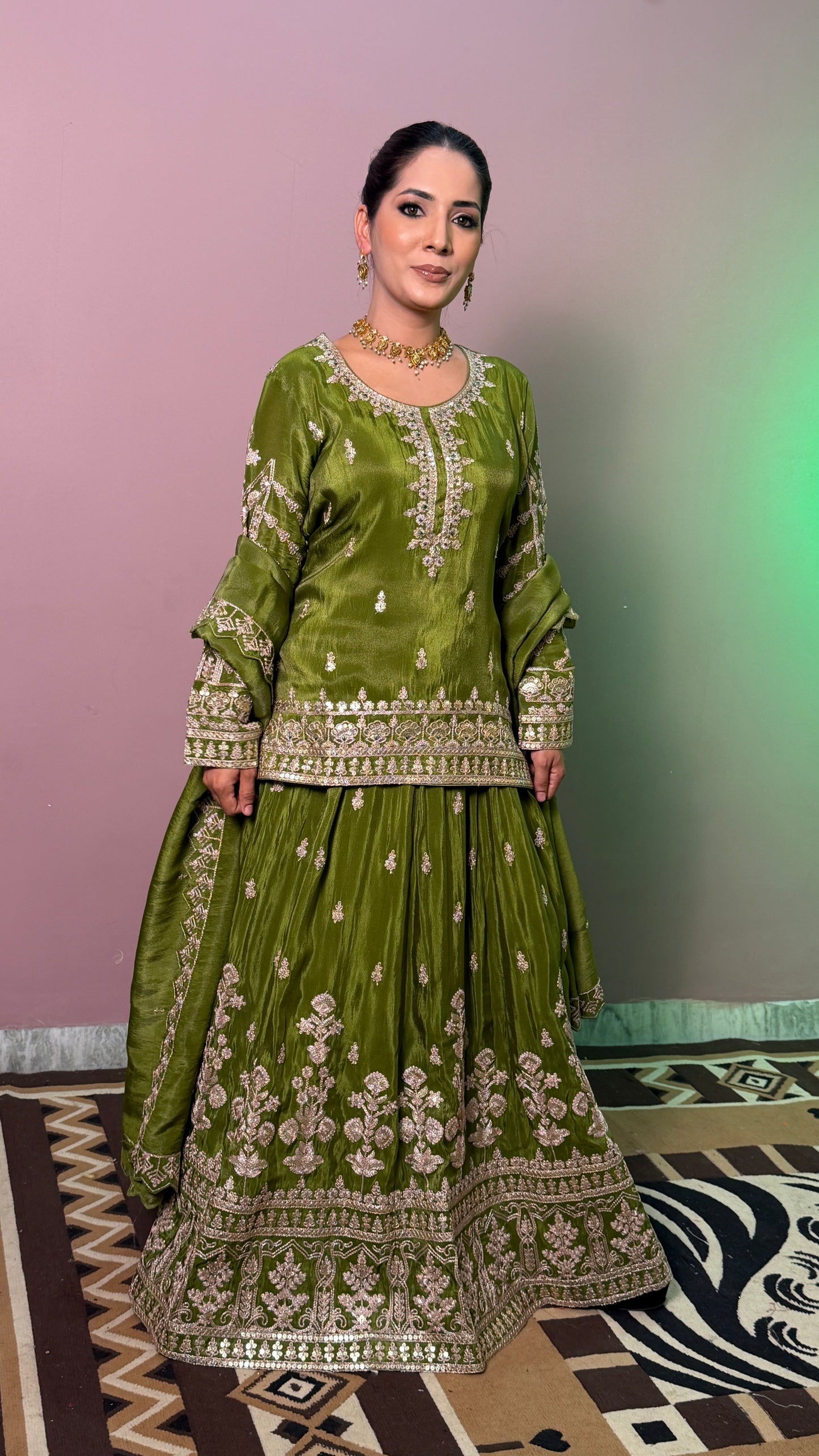 Olive Green Pure Tissue Designer Lehenga Suit with Embroidered Dupatta