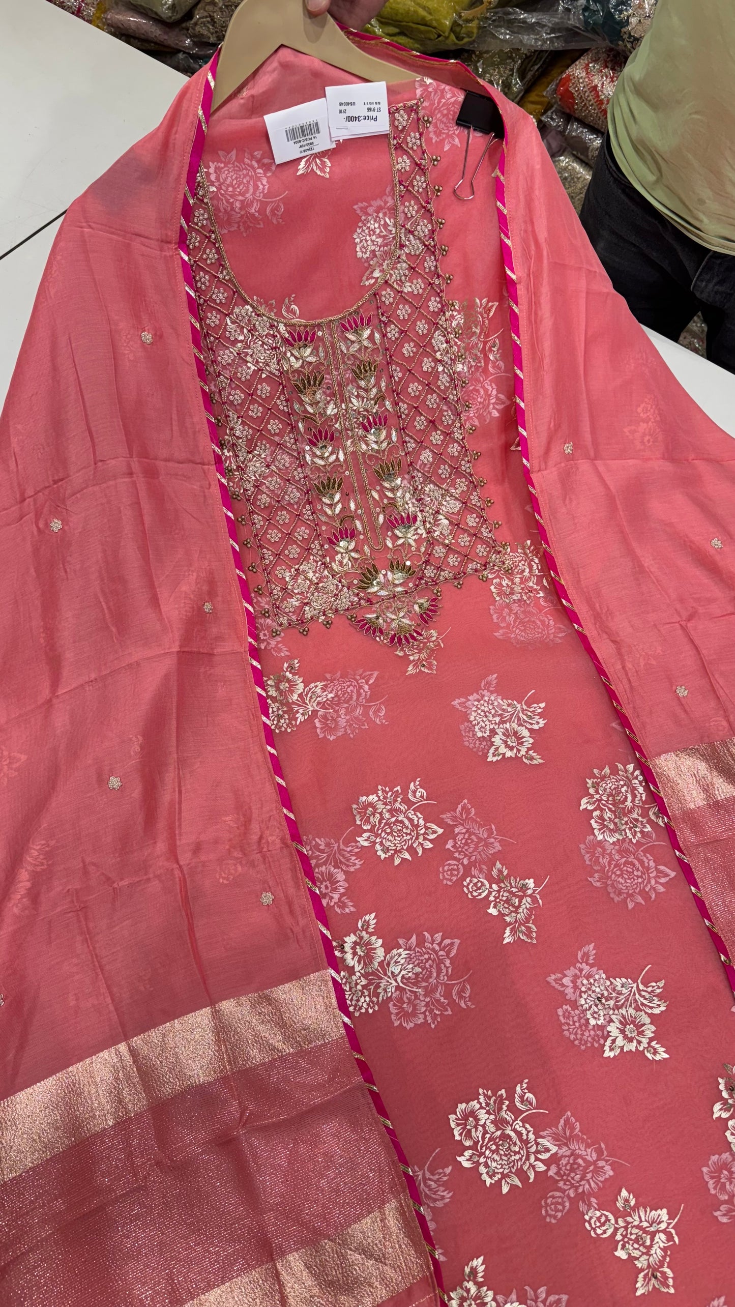 Designer Pure Organza Hand-Embroidered Unstitched Suit with Muslin Dupatta