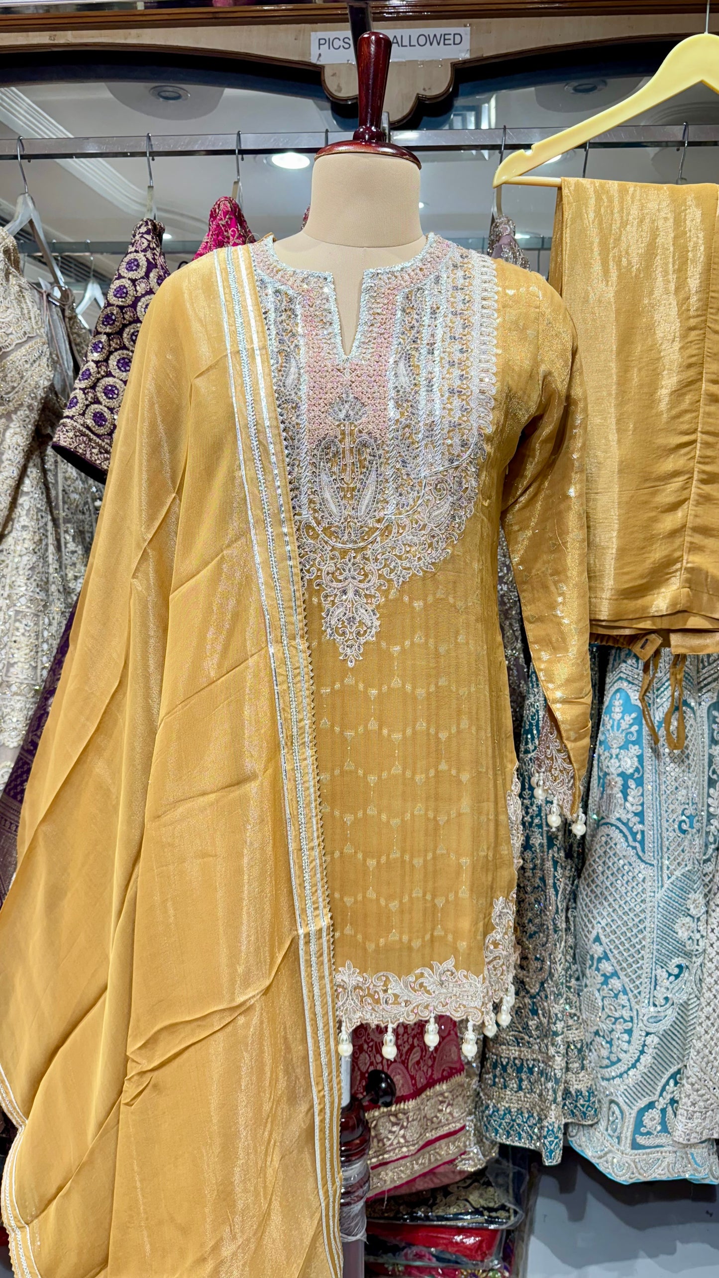 Embroidered Tissue Silk Pant Suit with Pearl Detailing – Available in Mustard & Rust