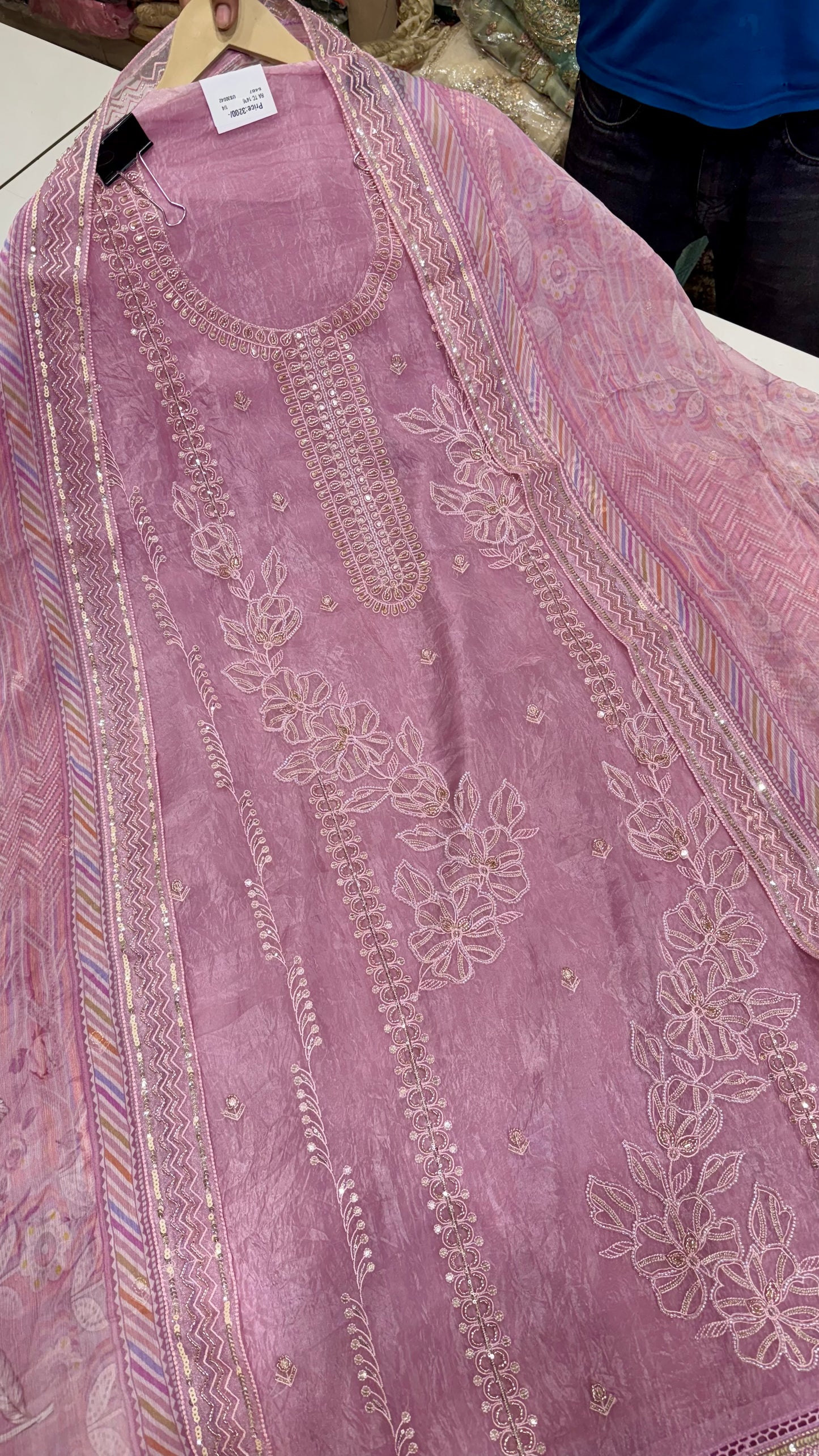 Elegant Pure Paper Silk Hand-Embroidered Unstitched Suit with Chiffon Printed Dupatta