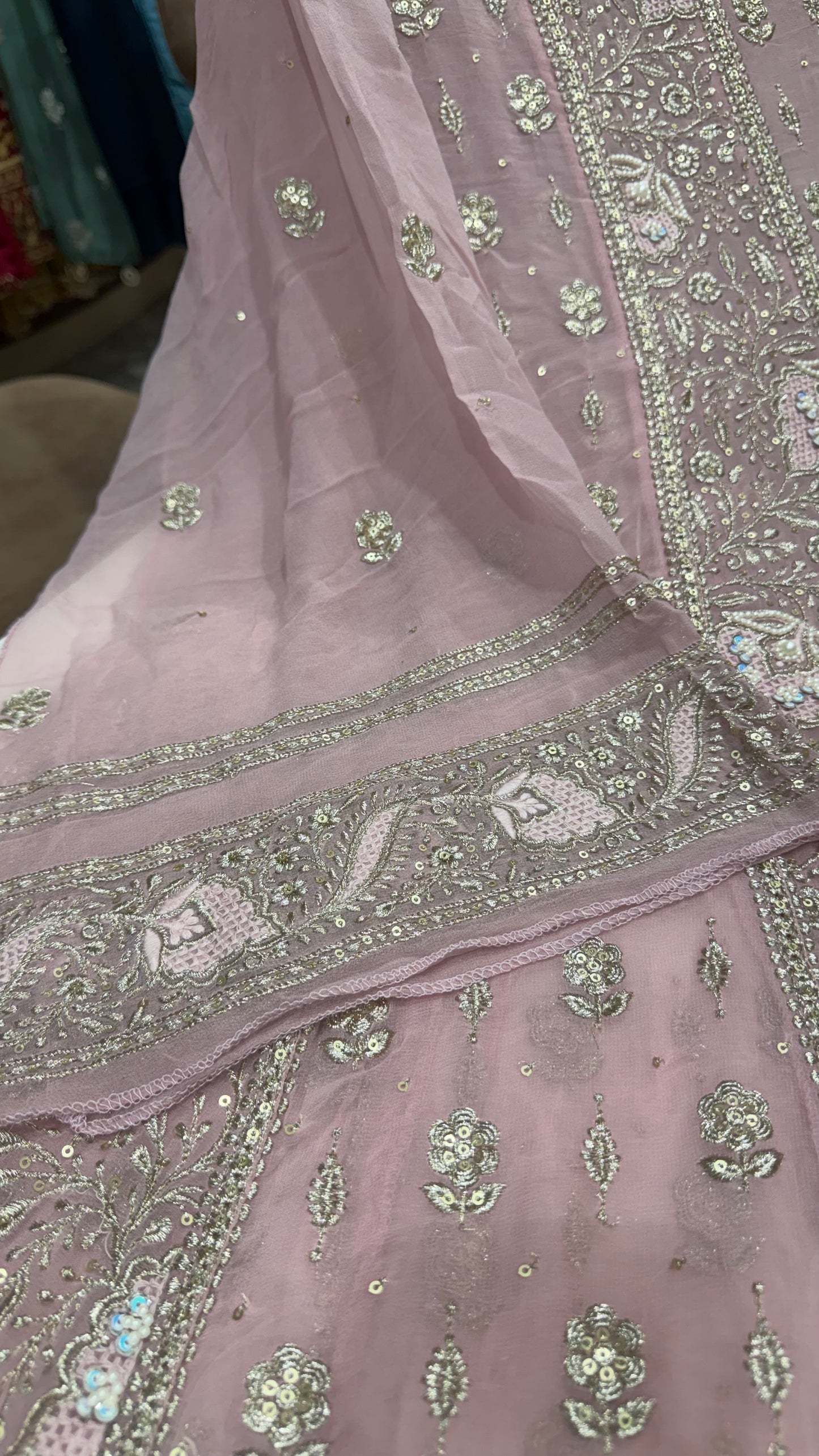 Luxury Unstitched Pure Georgette Zari Lakhnavi Anarkali Suit with Resham, Sequin & Pearl Handwork | Designer Wedding & Party Wear Suit